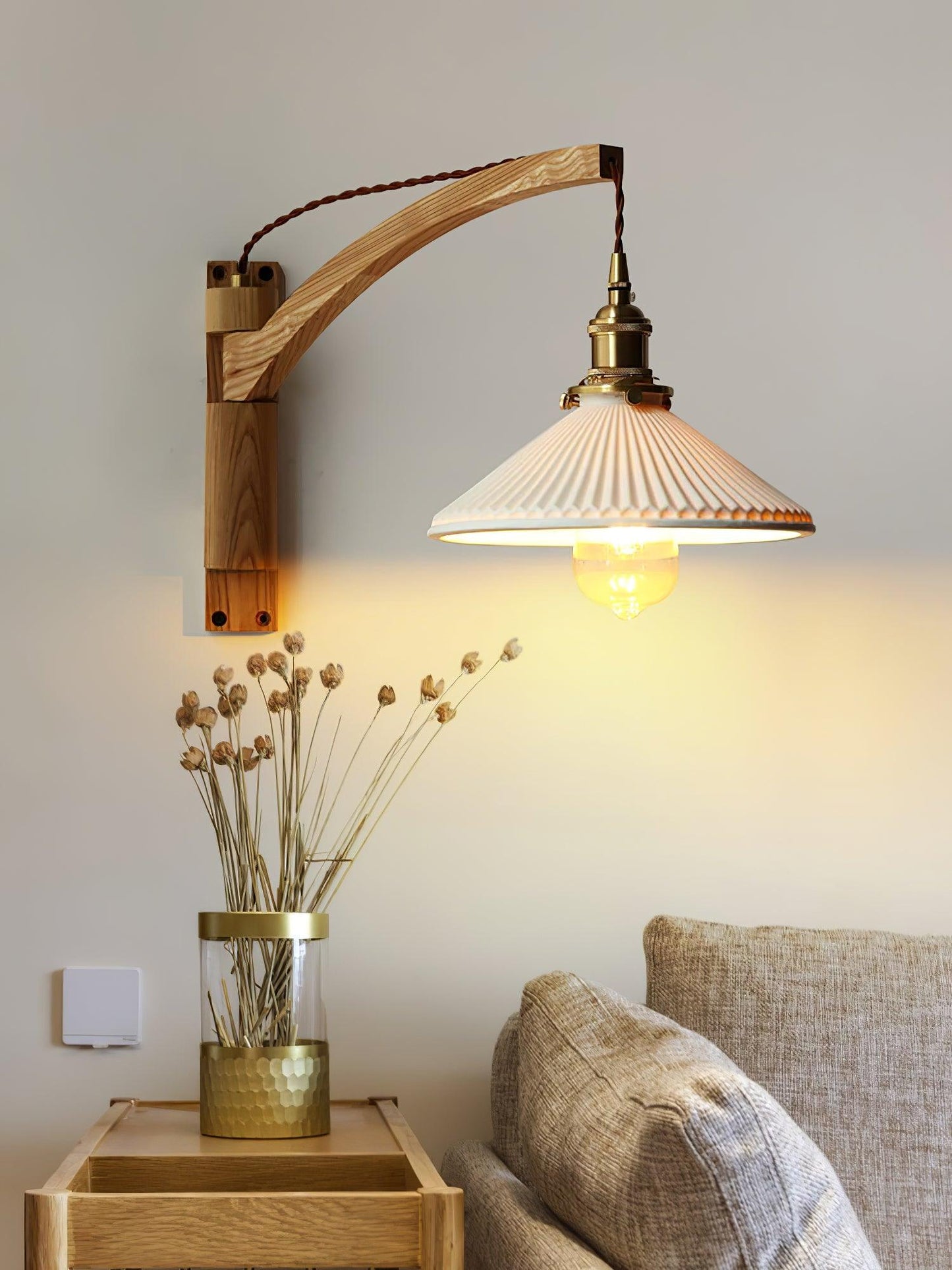 Swing Arm Walnut Wall Light with Adjustable Arm and Shade