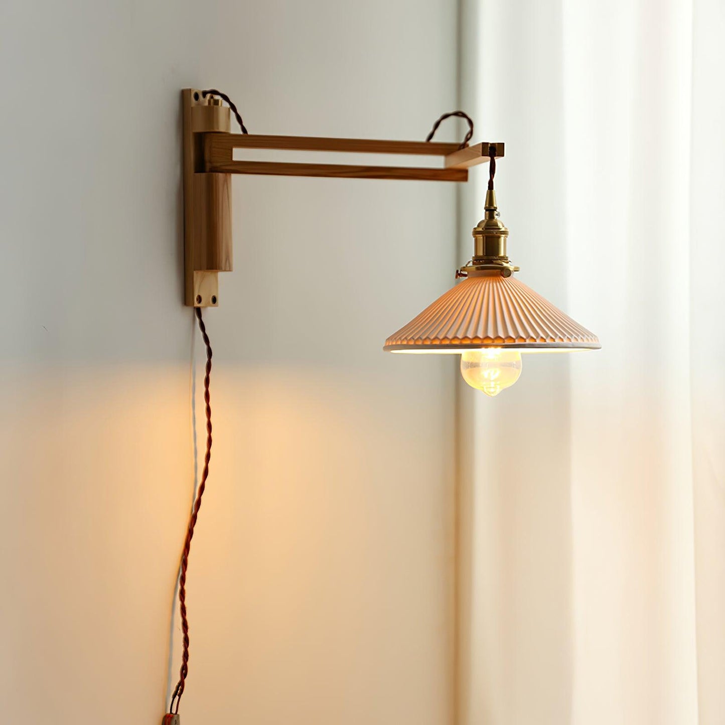 Swing Arm Walnut Wall Light with Adjustable Arm and Shade