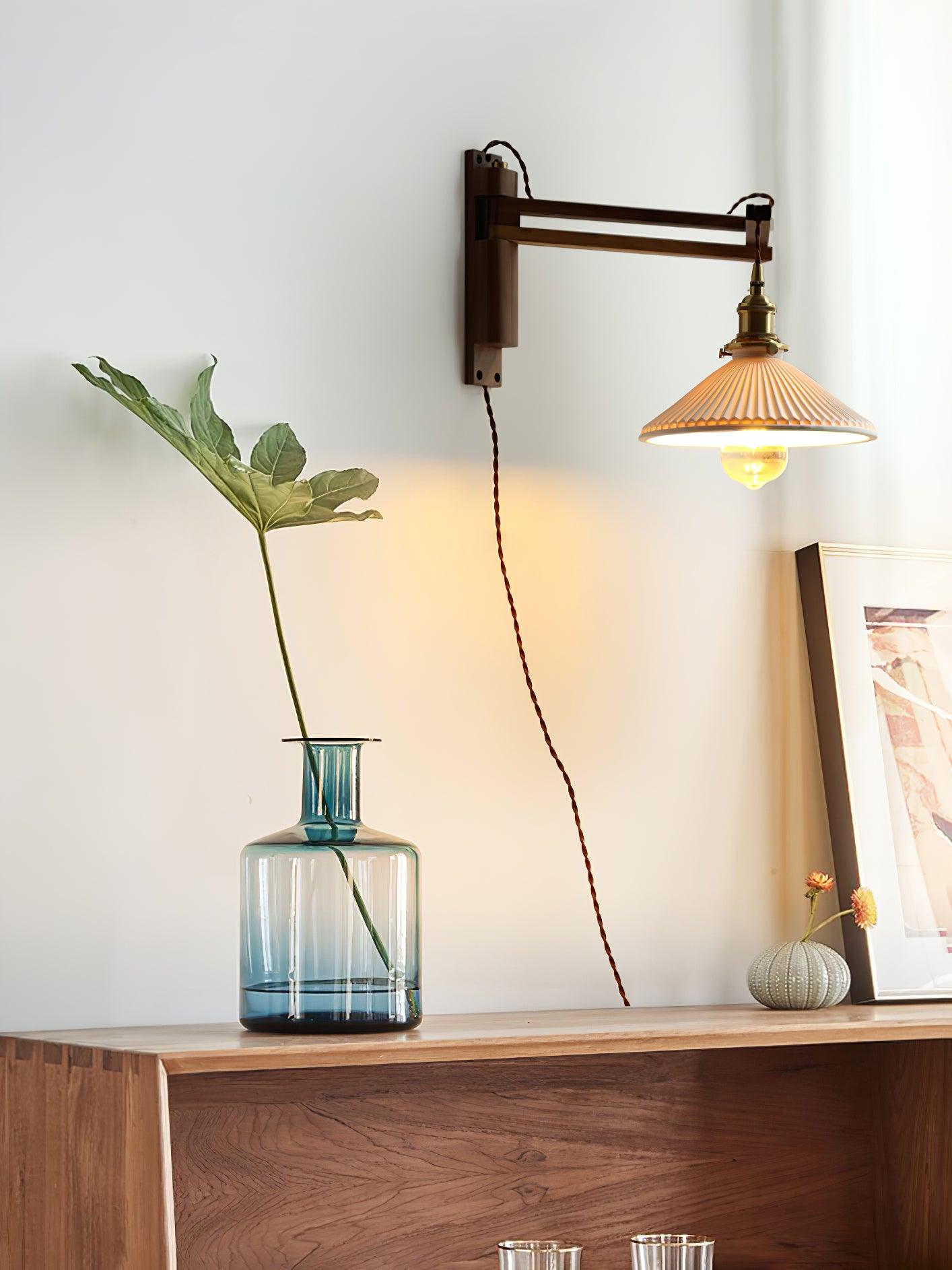 Swing Arm Walnut Wall Light with Adjustable Arm and Shade