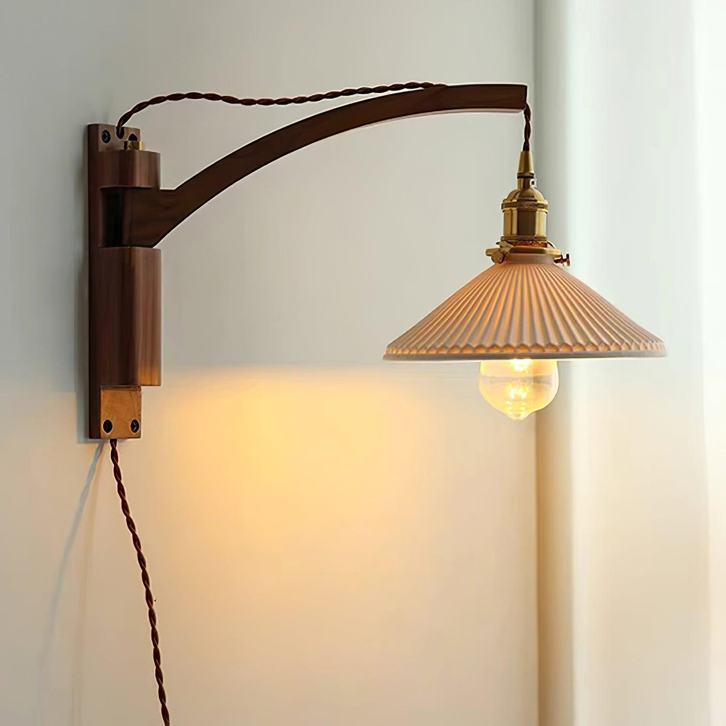 Swing Arm Walnut Wall Light with Adjustable Arm and Shade