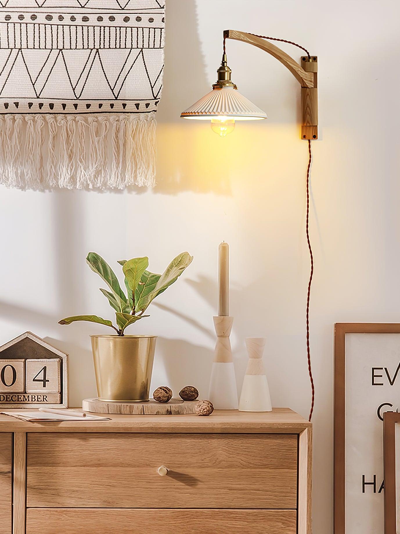 Swing Arm Walnut Wall Light with Adjustable Arm and Shade