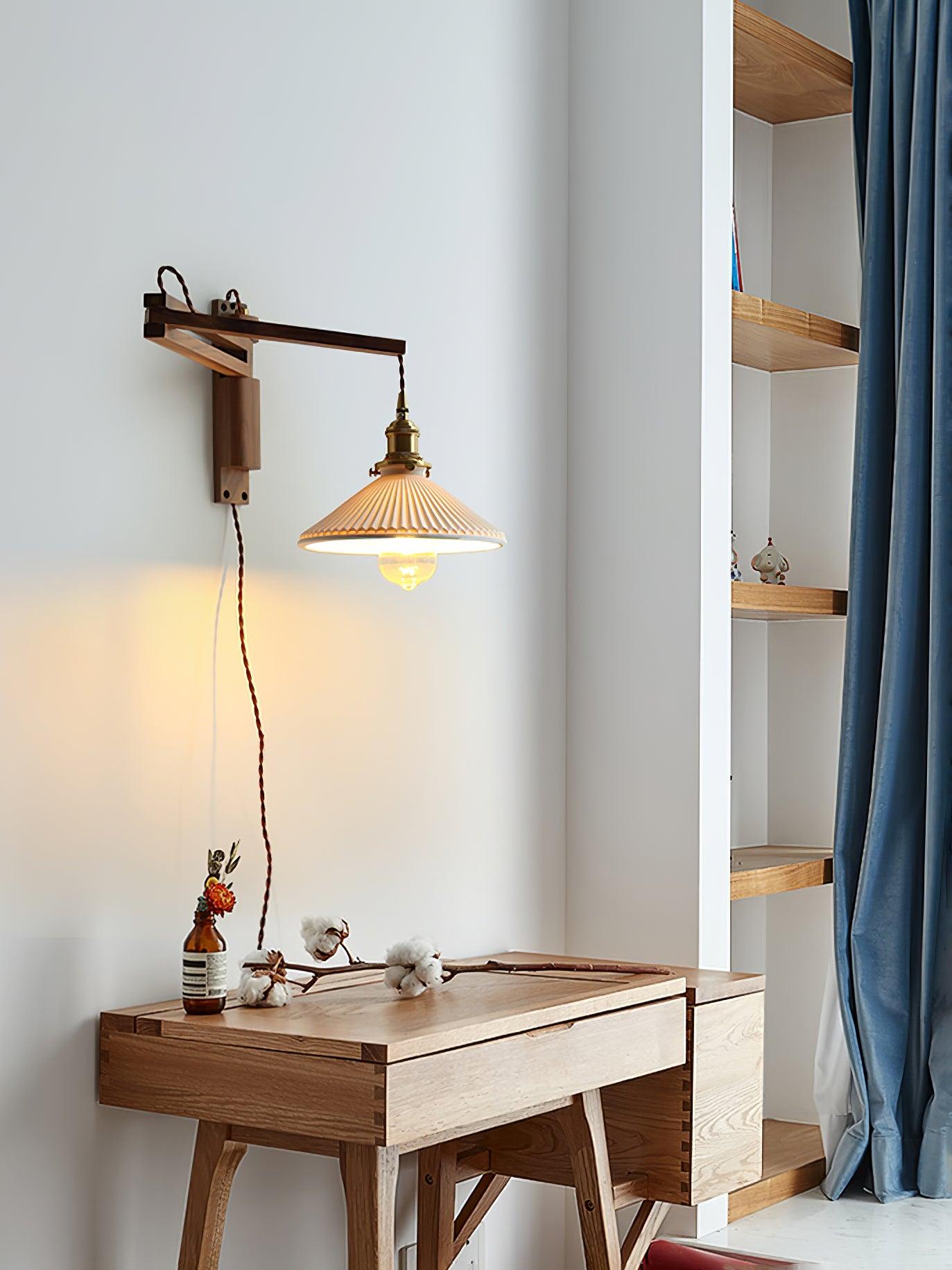 Swing Arm Walnut Wall Light with Adjustable Arm and Shade