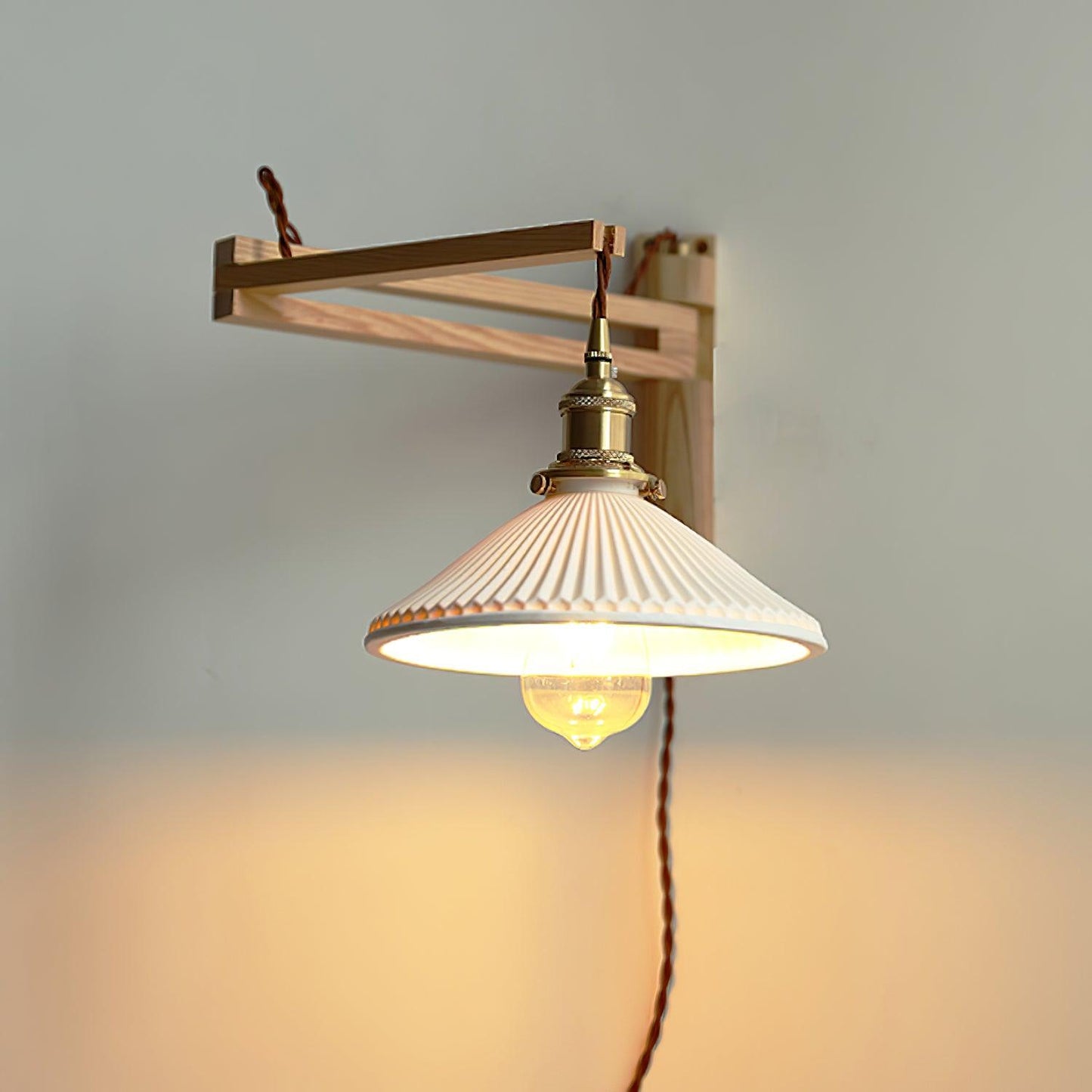 Swing Arm Walnut Wall Light with Adjustable Arm and Shade