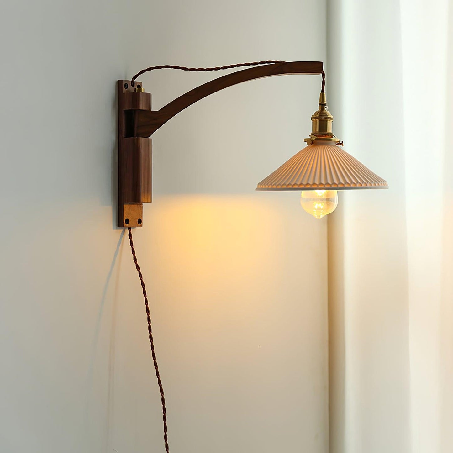 Swing Arm Walnut Wall Light with Adjustable Arm and Shade