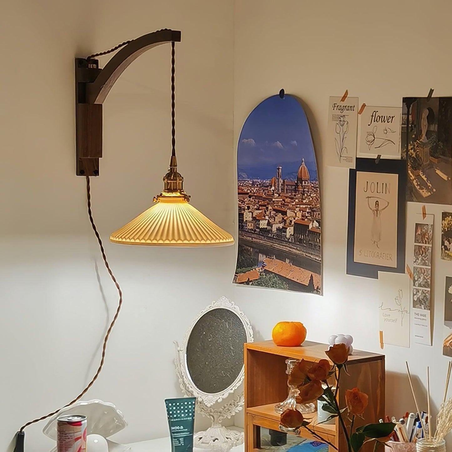 Swing Arm Walnut Wall Light with Adjustable Arm and Shade