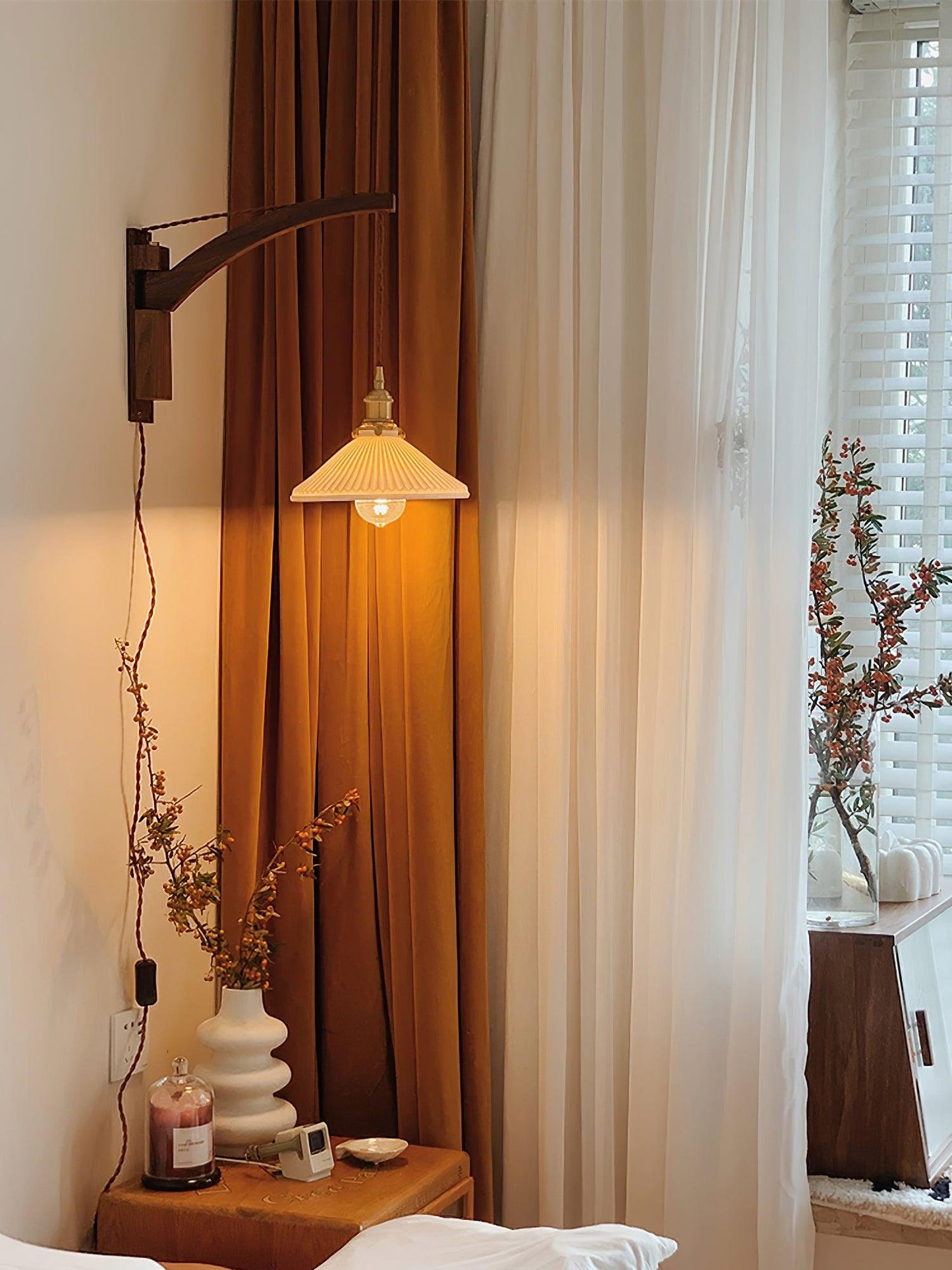 Swing Arm Walnut Wall Light with Adjustable Arm and Shade