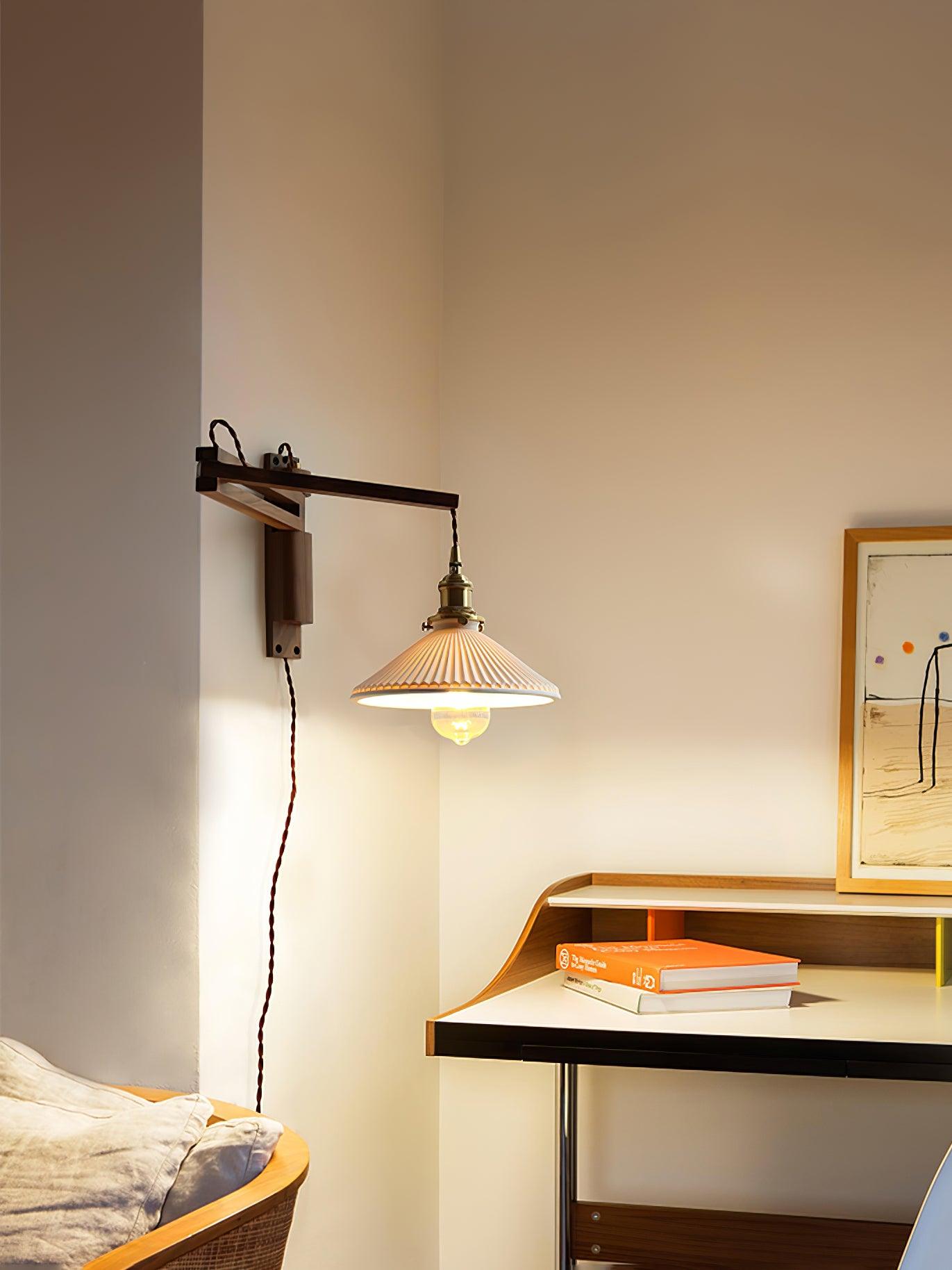 Swing Arm Walnut Wall Light with Adjustable Arm and Shade