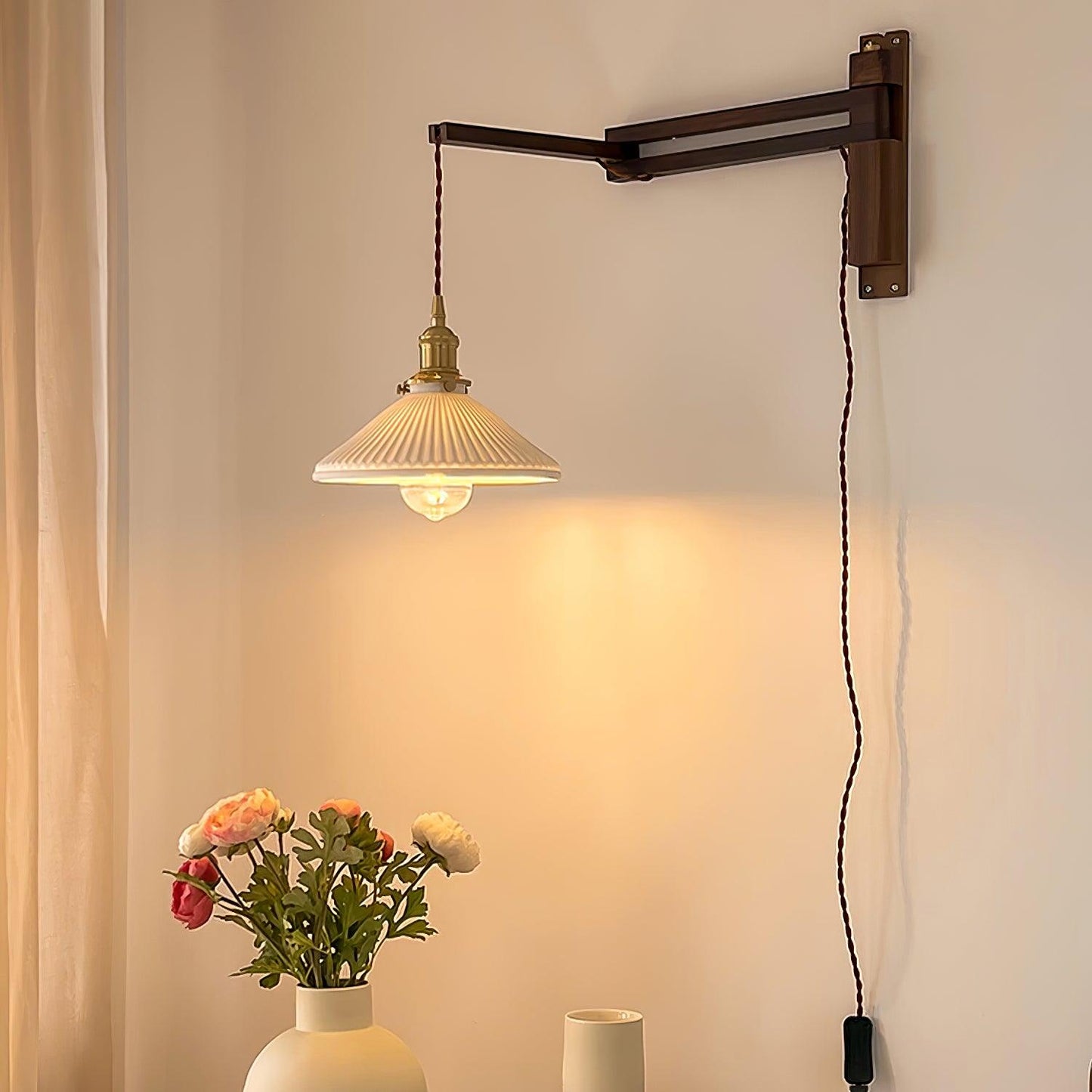 Swing Arm Walnut Wall Light with Adjustable Arm and Shade
