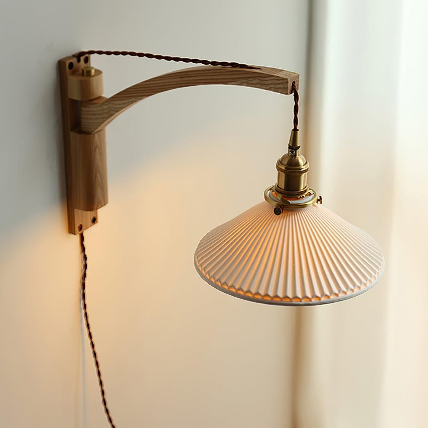Swing Arm Walnut Wall Light with Adjustable Arm and Shade