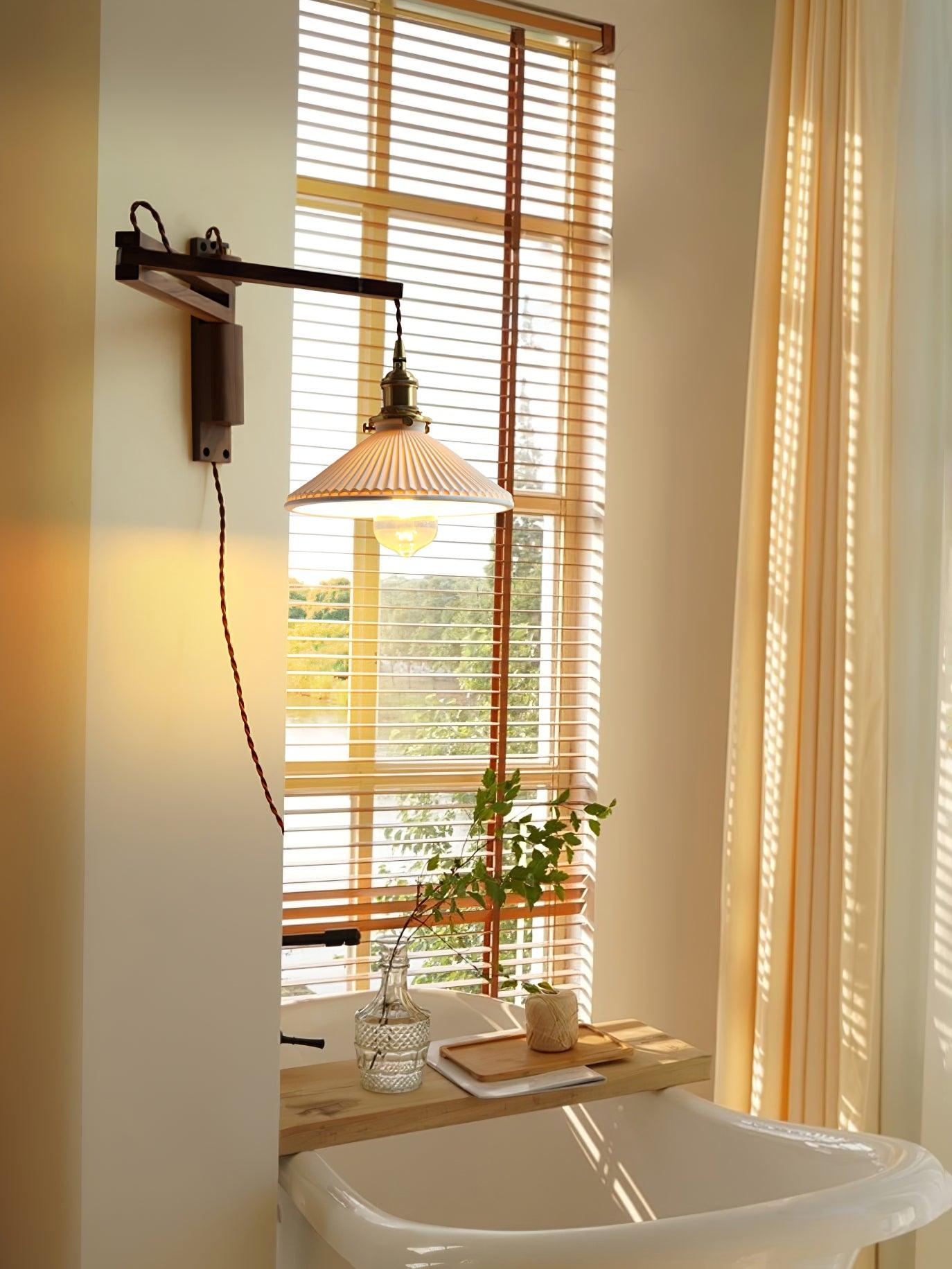 Swing Arm Walnut Wall Light with Adjustable Arm and Shade