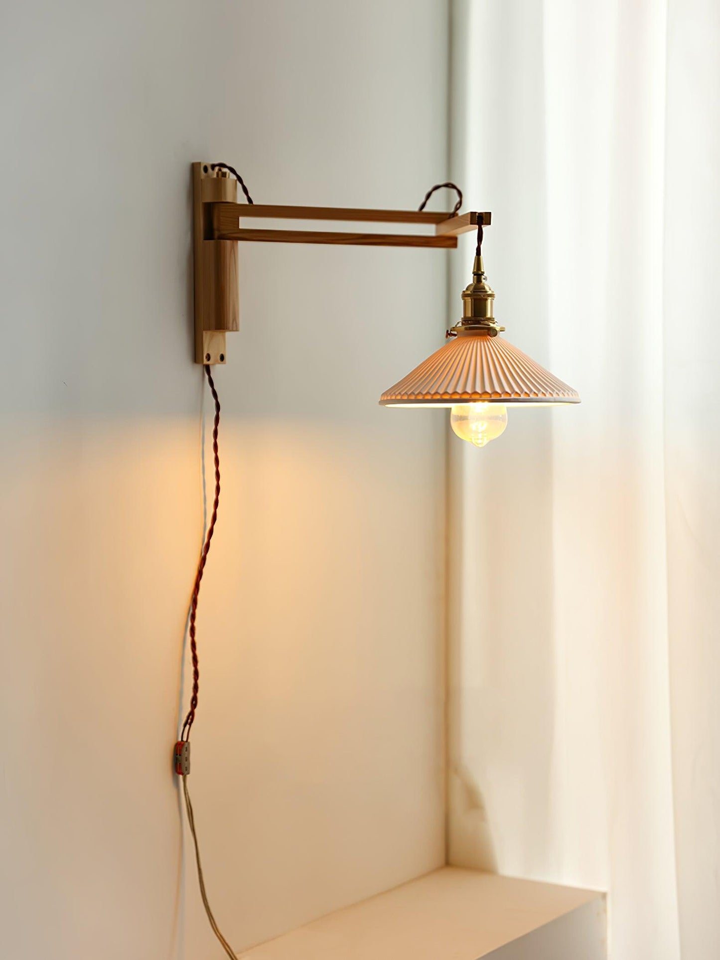 Swing Arm Walnut Wall Light with Adjustable Arm and Shade
