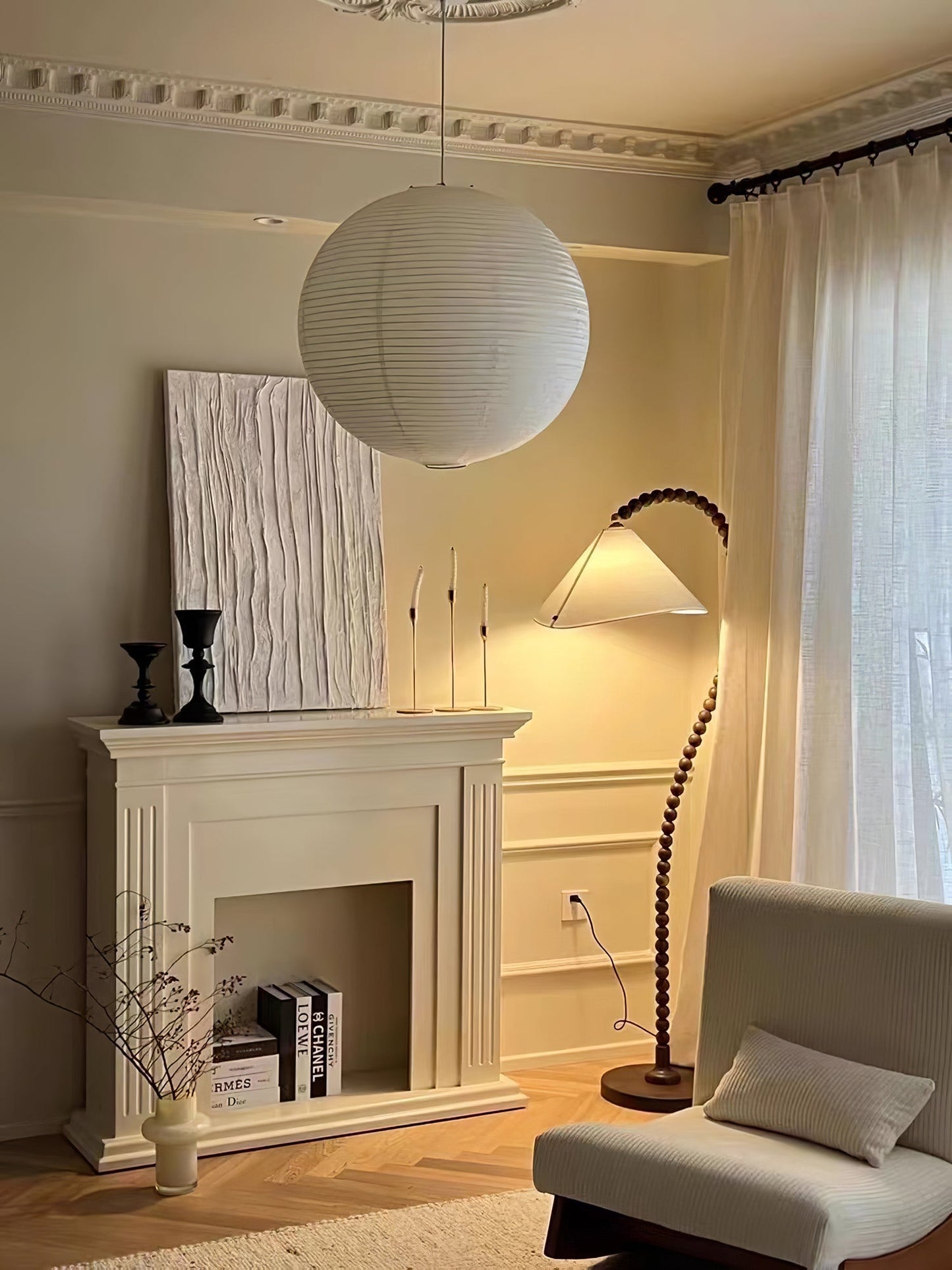 Wooden Bead Floor Lamp with LED Shade for Indoor Use