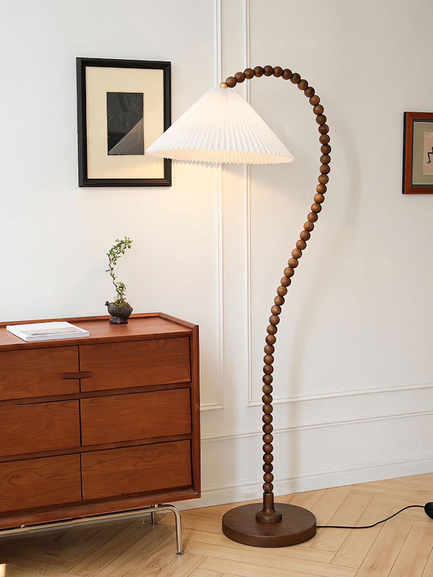 Wooden Bead Floor Lamp with LED Shade for Indoor Use