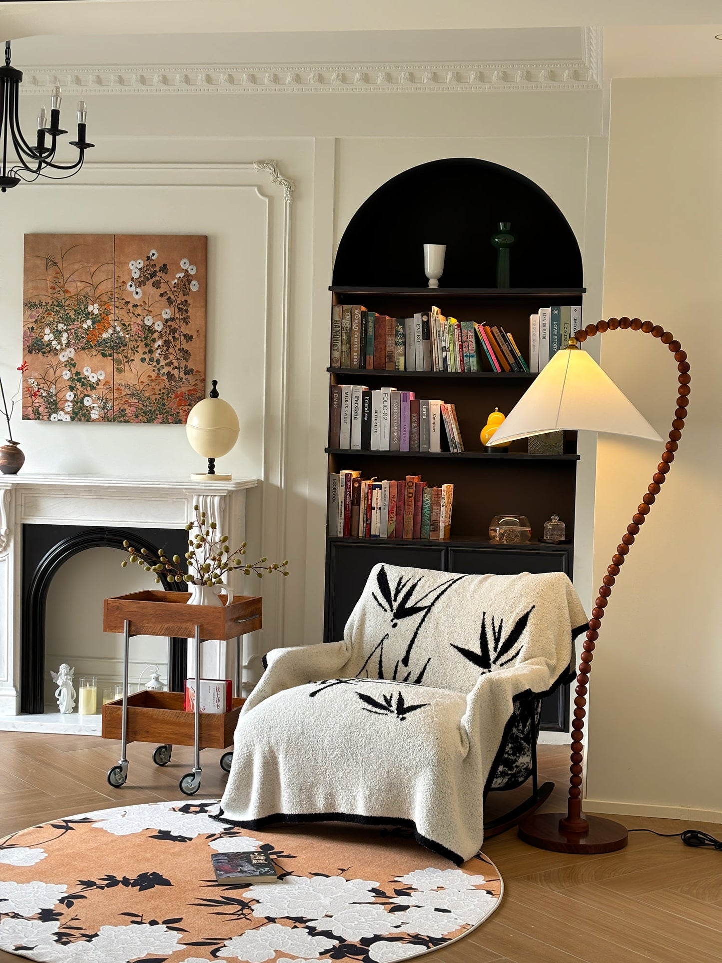 Wooden Bead Floor Lamp with LED Shade for Indoor Use