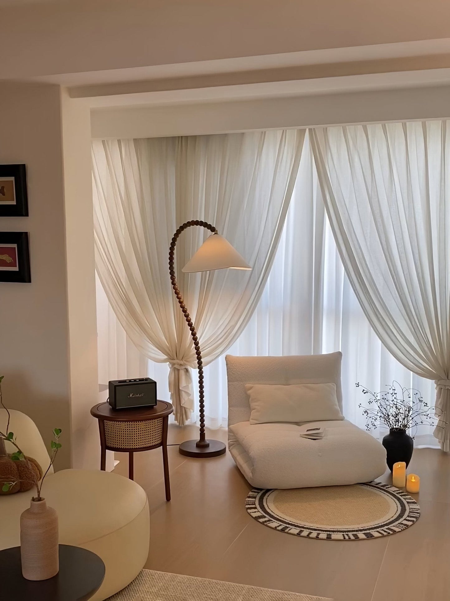 Wooden Bead Floor Lamp with LED Shade for Indoor Use