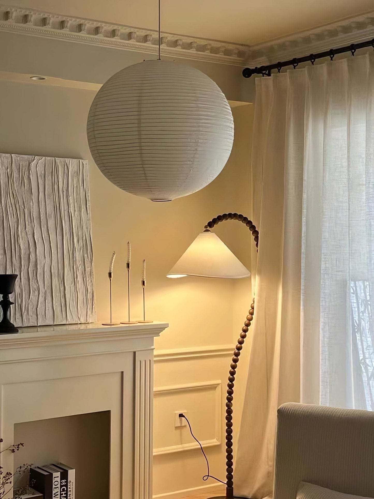 Wooden Bead Floor Lamp with LED Shade for Indoor Use