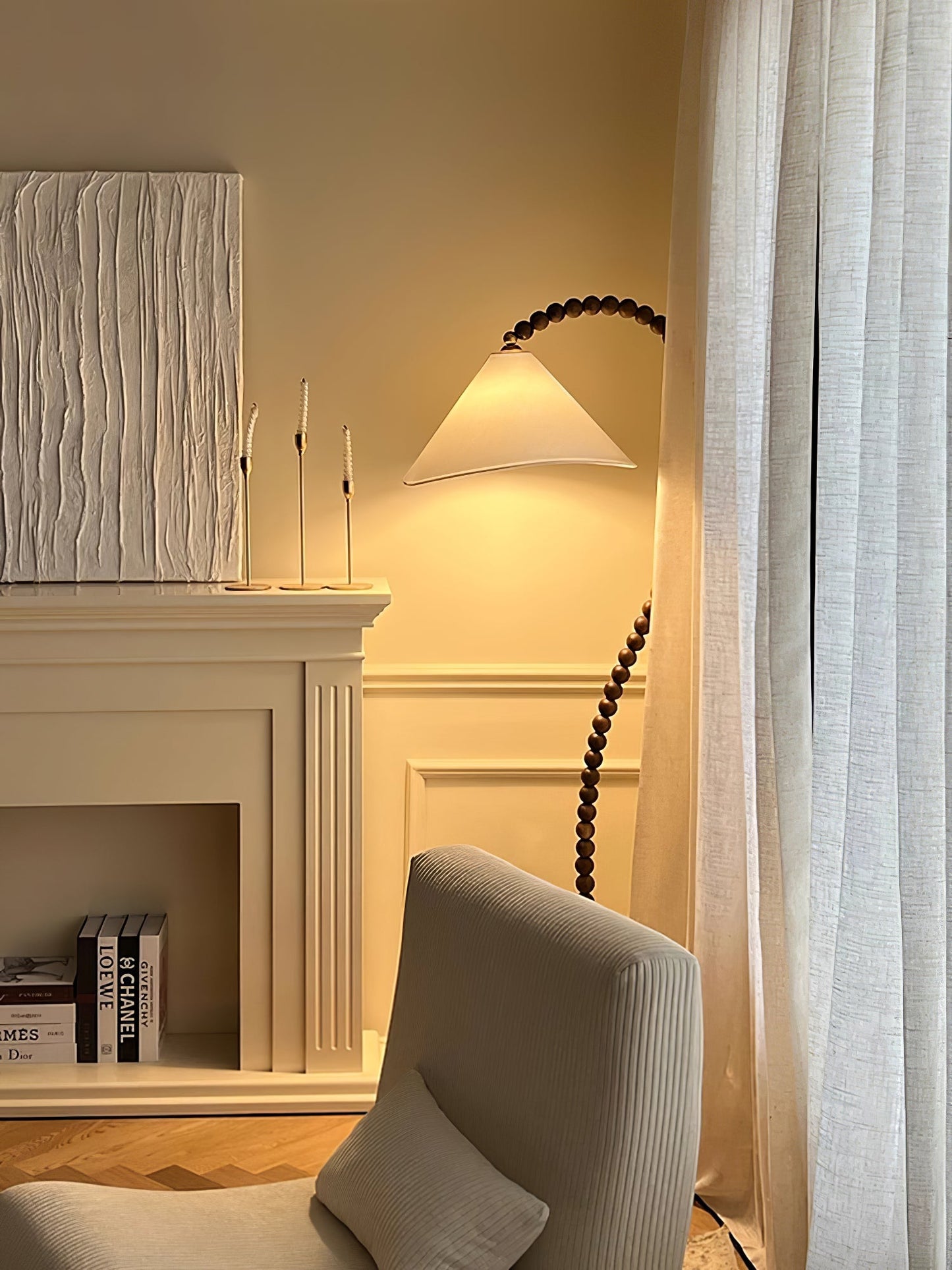 Wooden Bead Floor Lamp with LED Shade for Indoor Use