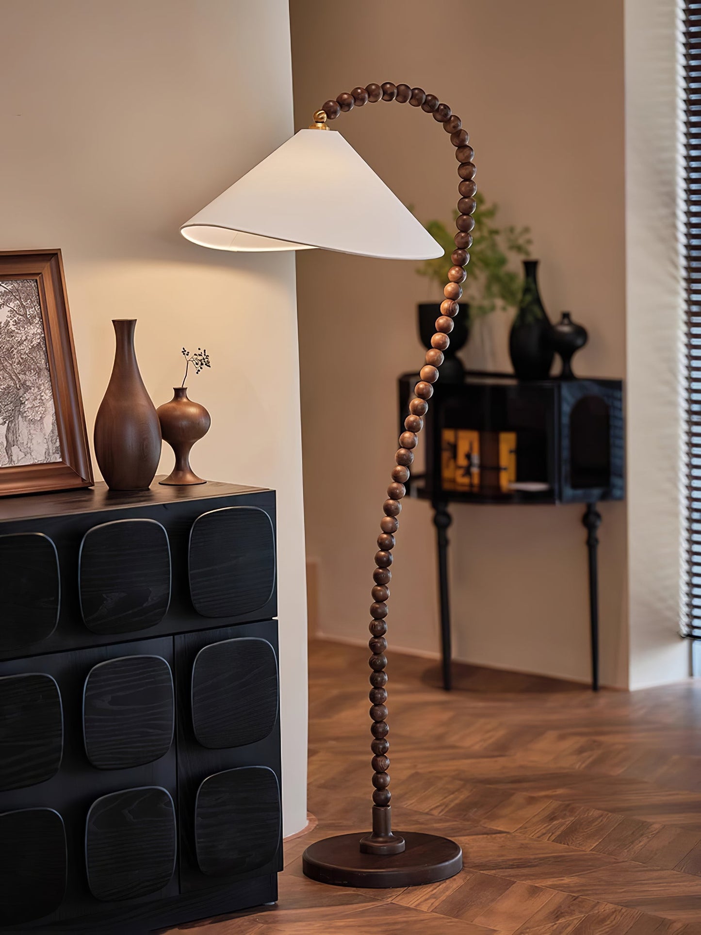 Wooden Bead Floor Lamp with LED Shade for Indoor Use