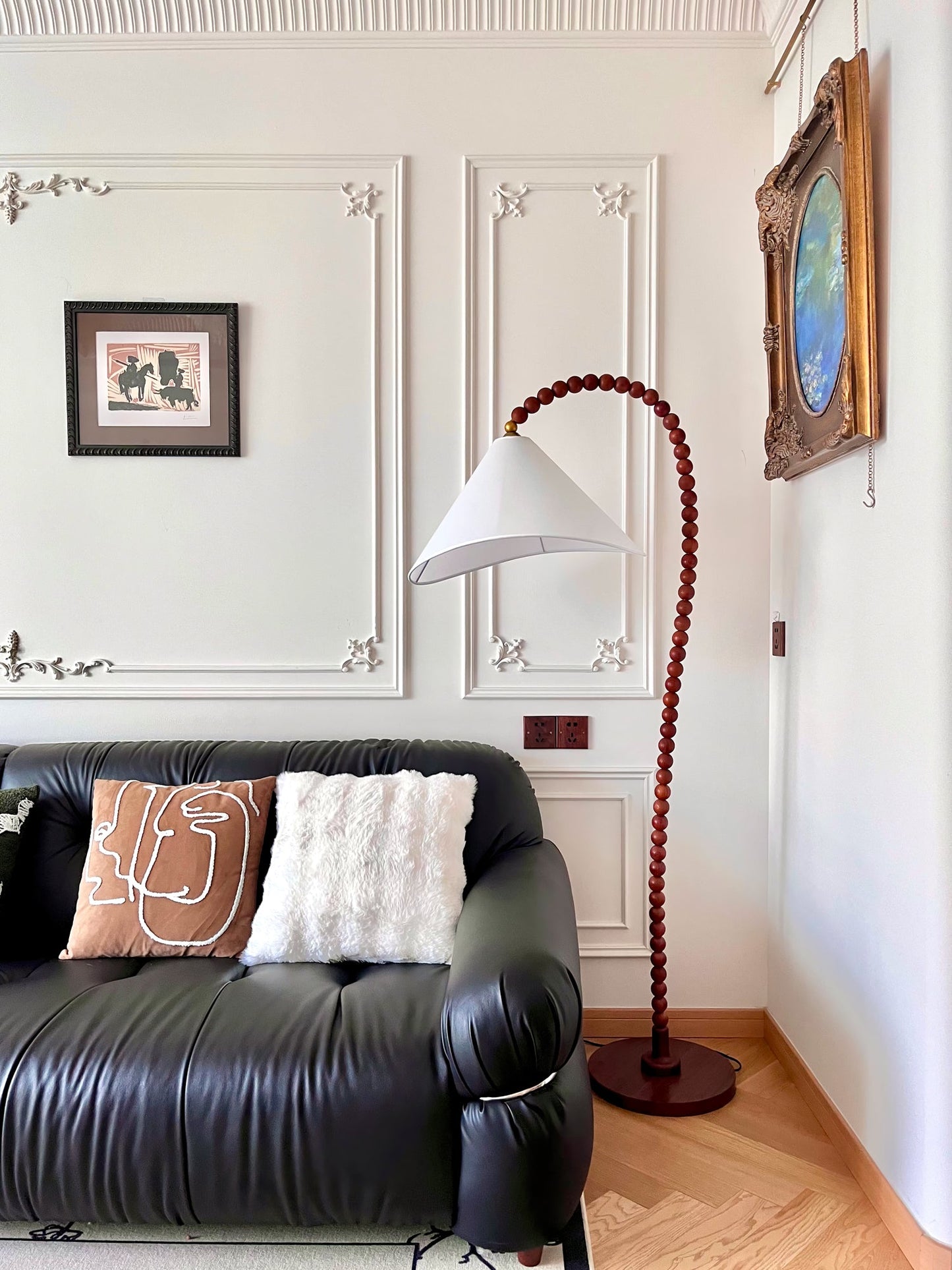 Wooden Bead Floor Lamp with LED Shade for Indoor Use