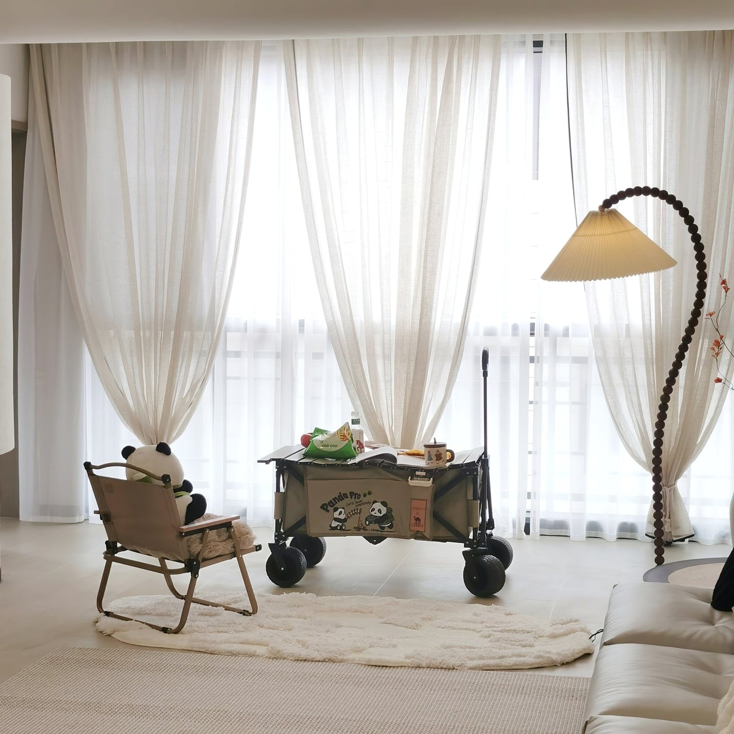 Wooden Bead Floor Lamp with LED Shade for Indoor Use