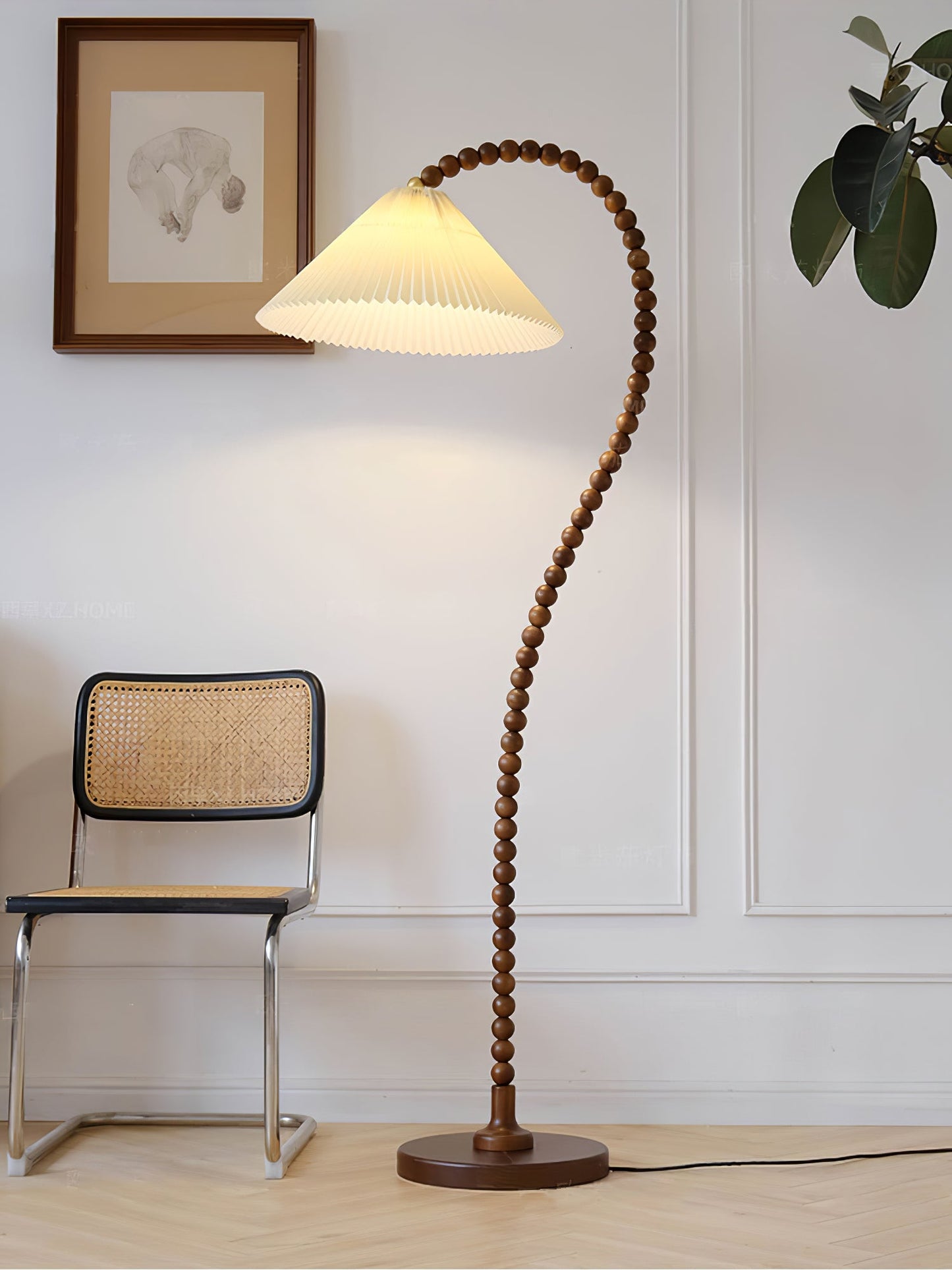 Wooden Bead Floor Lamp with LED Shade for Indoor Use