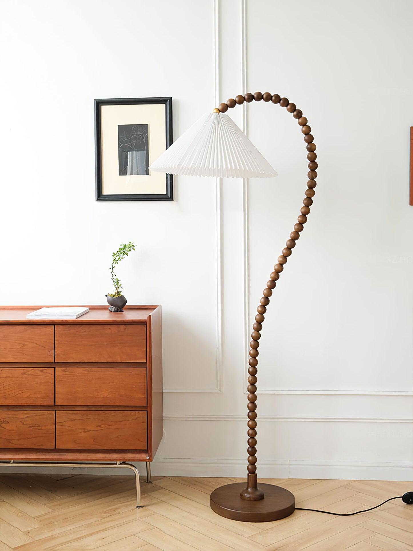Wooden Bead Floor Lamp with LED Shade for Indoor Use