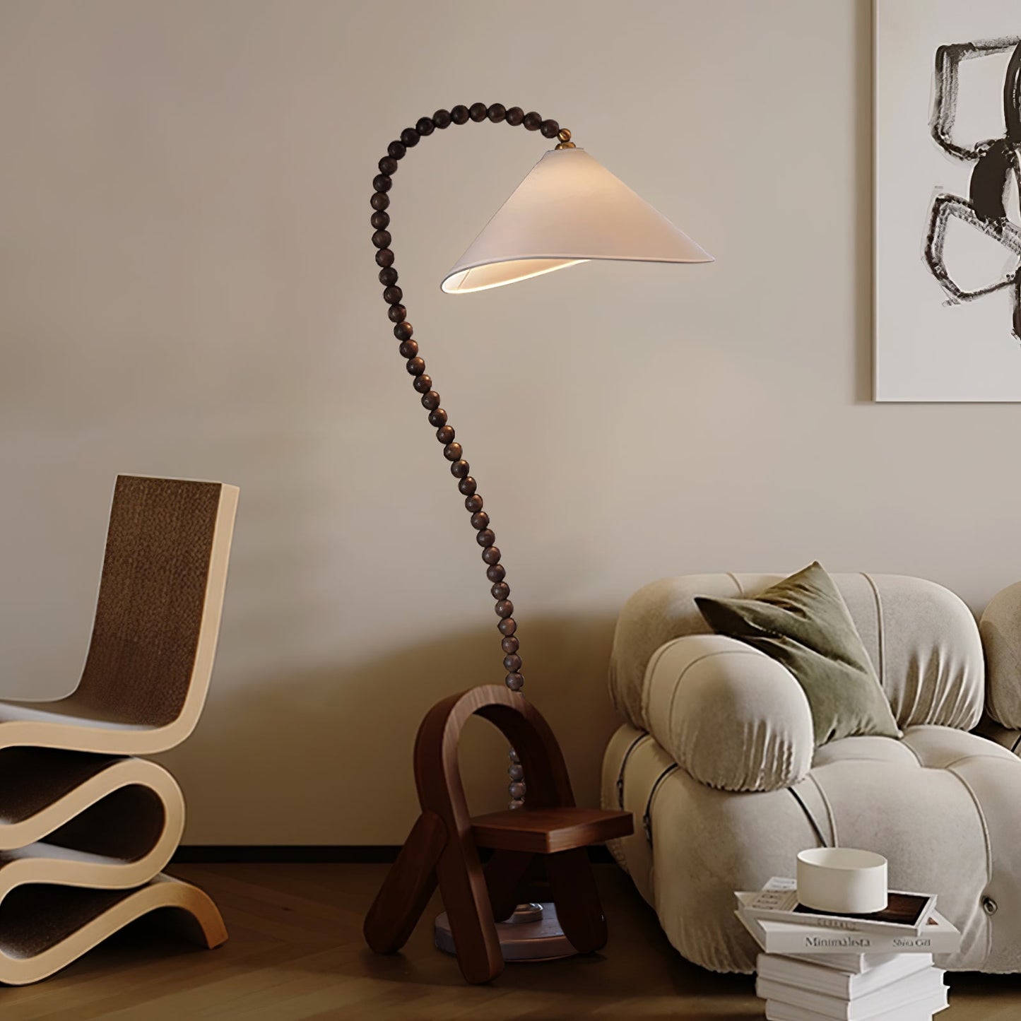 Wooden Bead Floor Lamp with LED Shade for Indoor Use