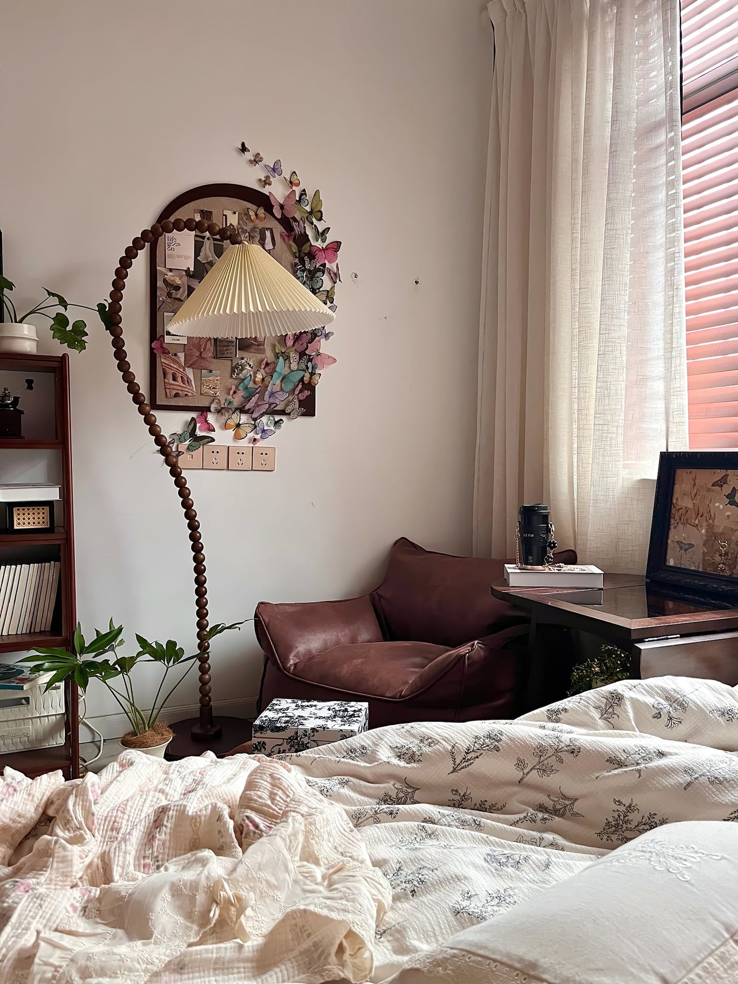 Wooden Bead Floor Lamp with LED Shade for Indoor Use