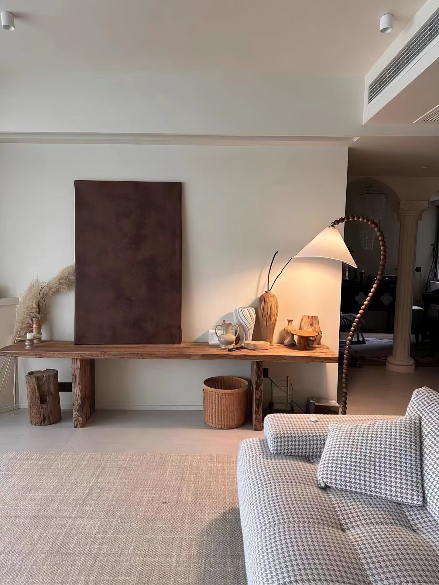 Wooden Bead Floor Lamp with LED Shade for Indoor Use