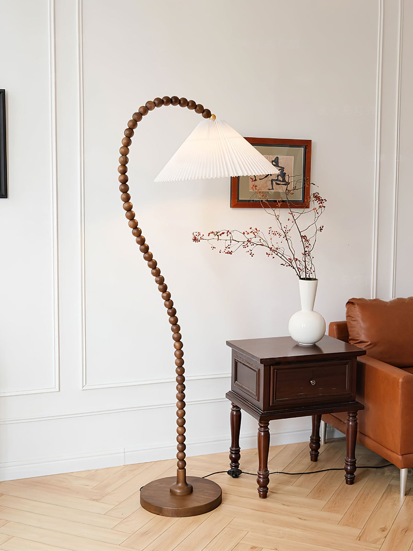 Wooden Bead Floor Lamp with LED Shade for Indoor Use