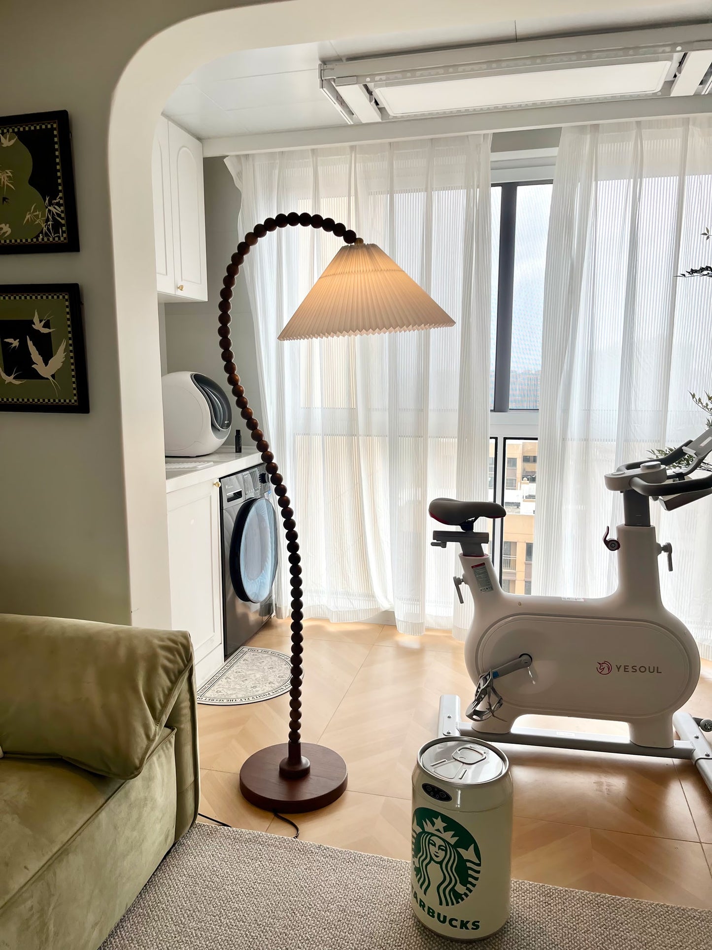 Wooden Bead Floor Lamp with LED Shade for Indoor Use