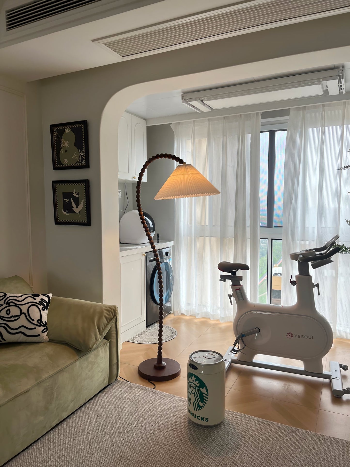 Wooden Bead Floor Lamp with LED Shade for Indoor Use