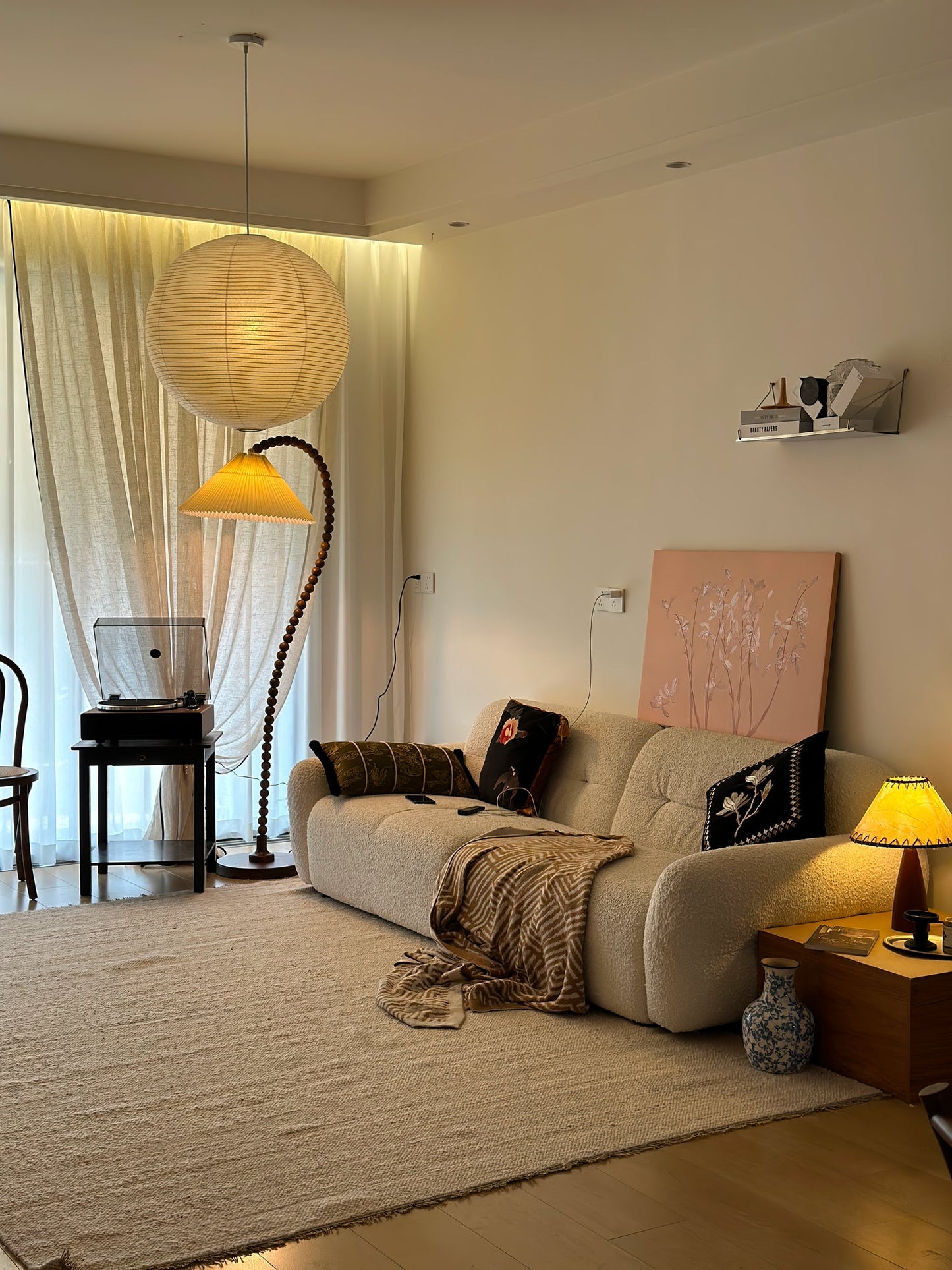 Wooden Bead Floor Lamp with LED Shade for Indoor Use