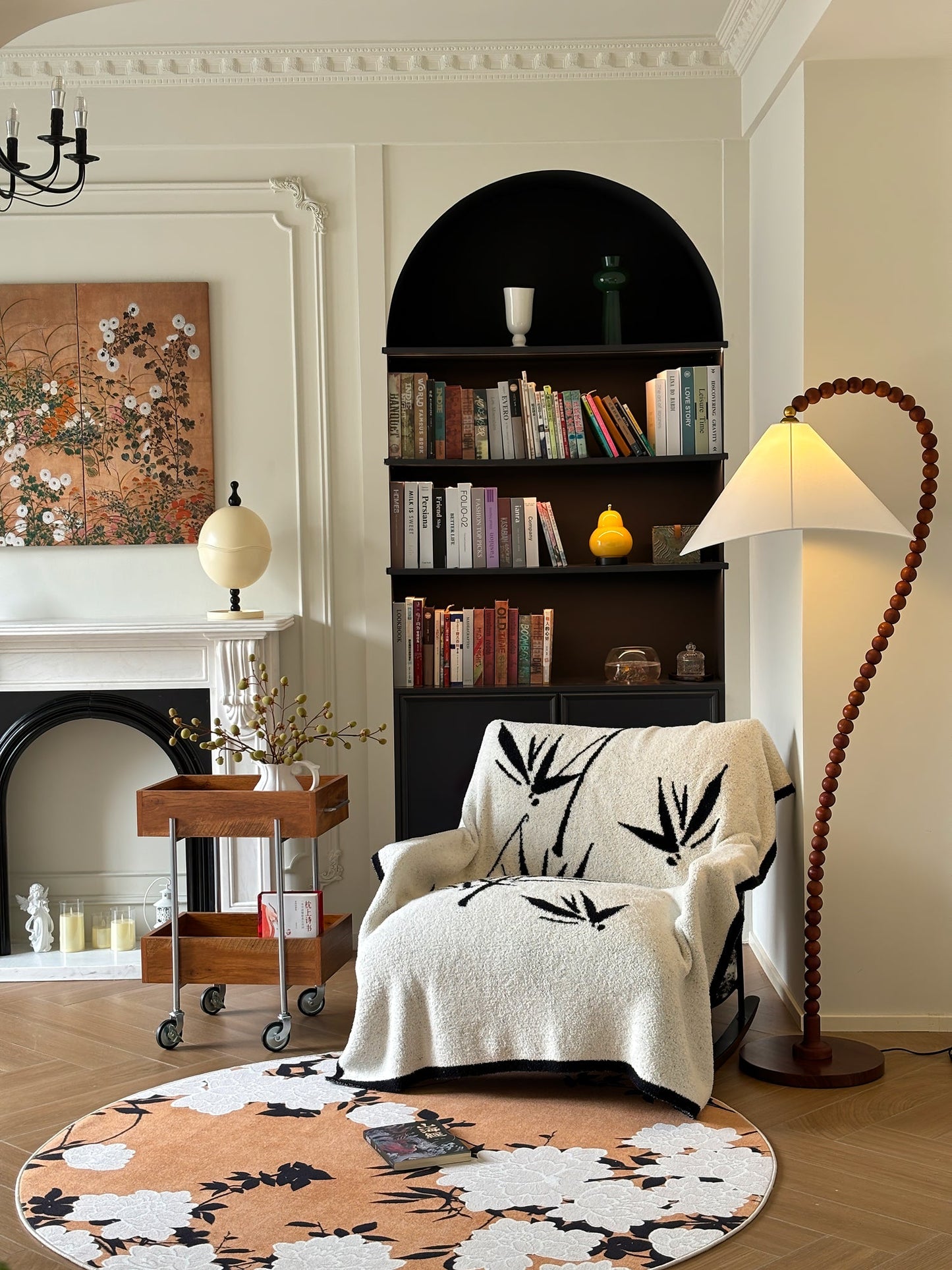 Wooden Bead Floor Lamp with LED Shade for Indoor Use