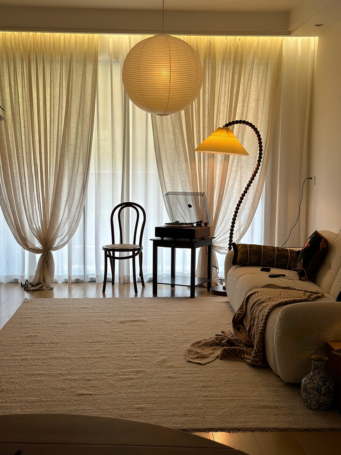 Wooden Bead Floor Lamp with LED Shade for Indoor Use