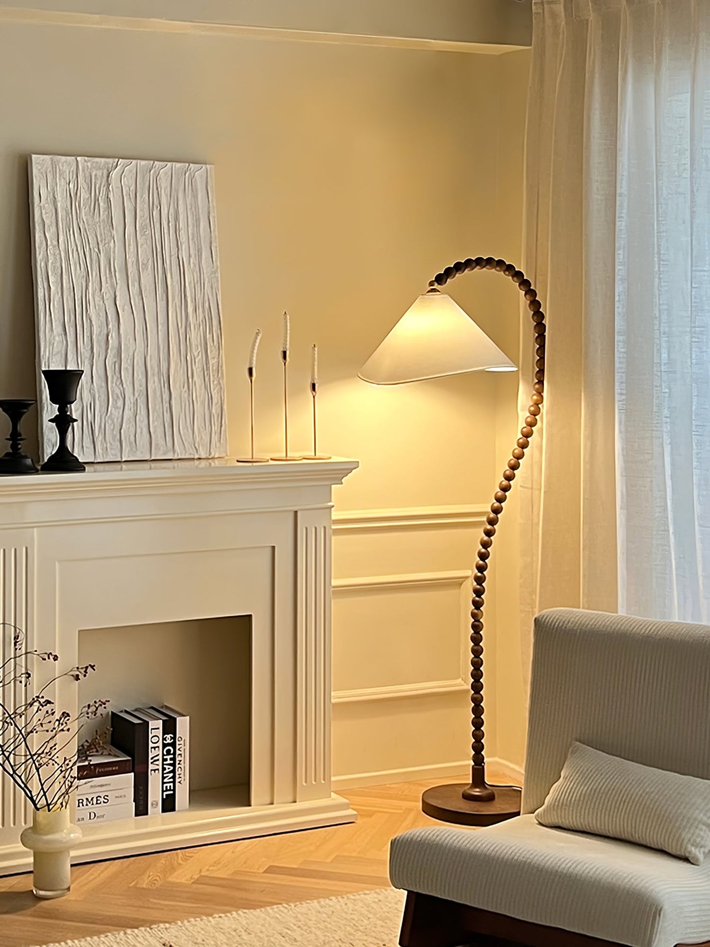 Wooden Bead Floor Lamp with LED Shade for Indoor Use