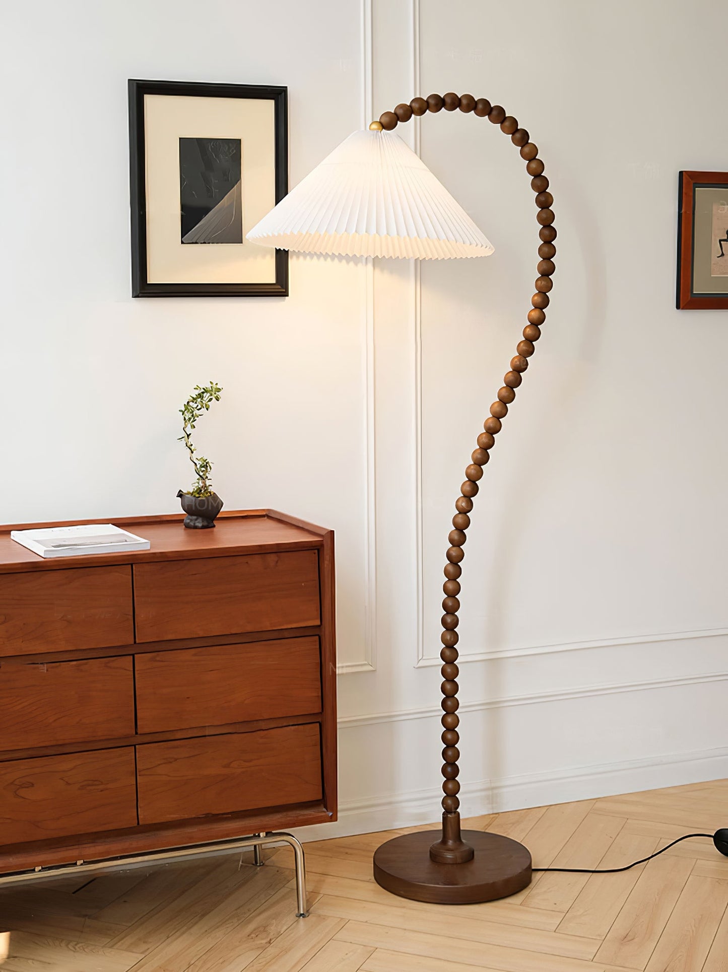 Wooden Bead Floor Lamp with LED Shade for Indoor Use
