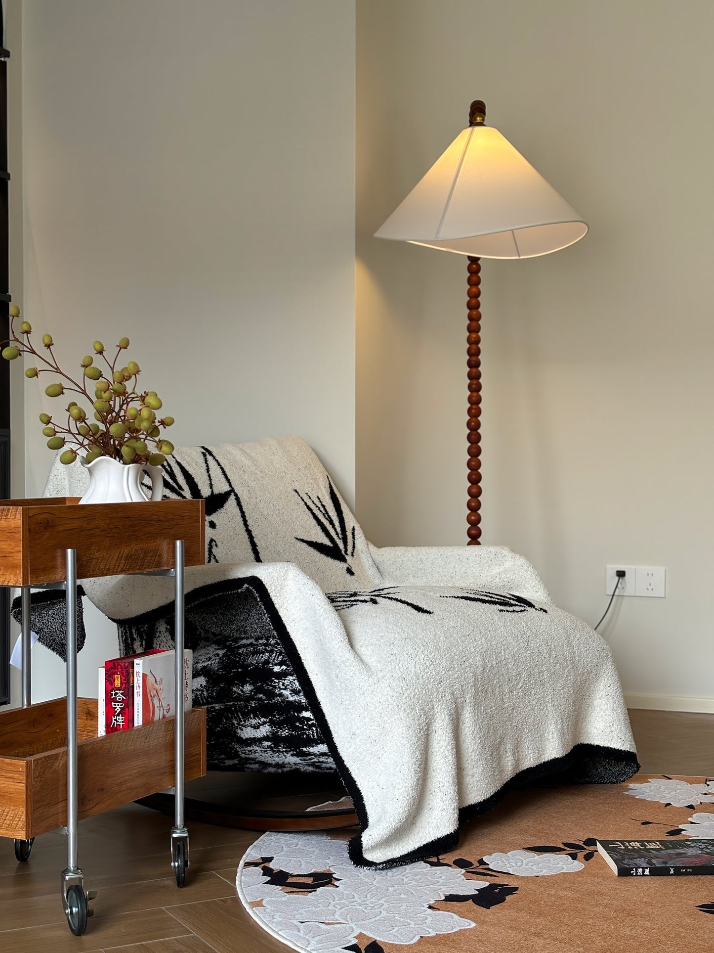Wooden Bead Floor Lamp with LED Shade for Indoor Use