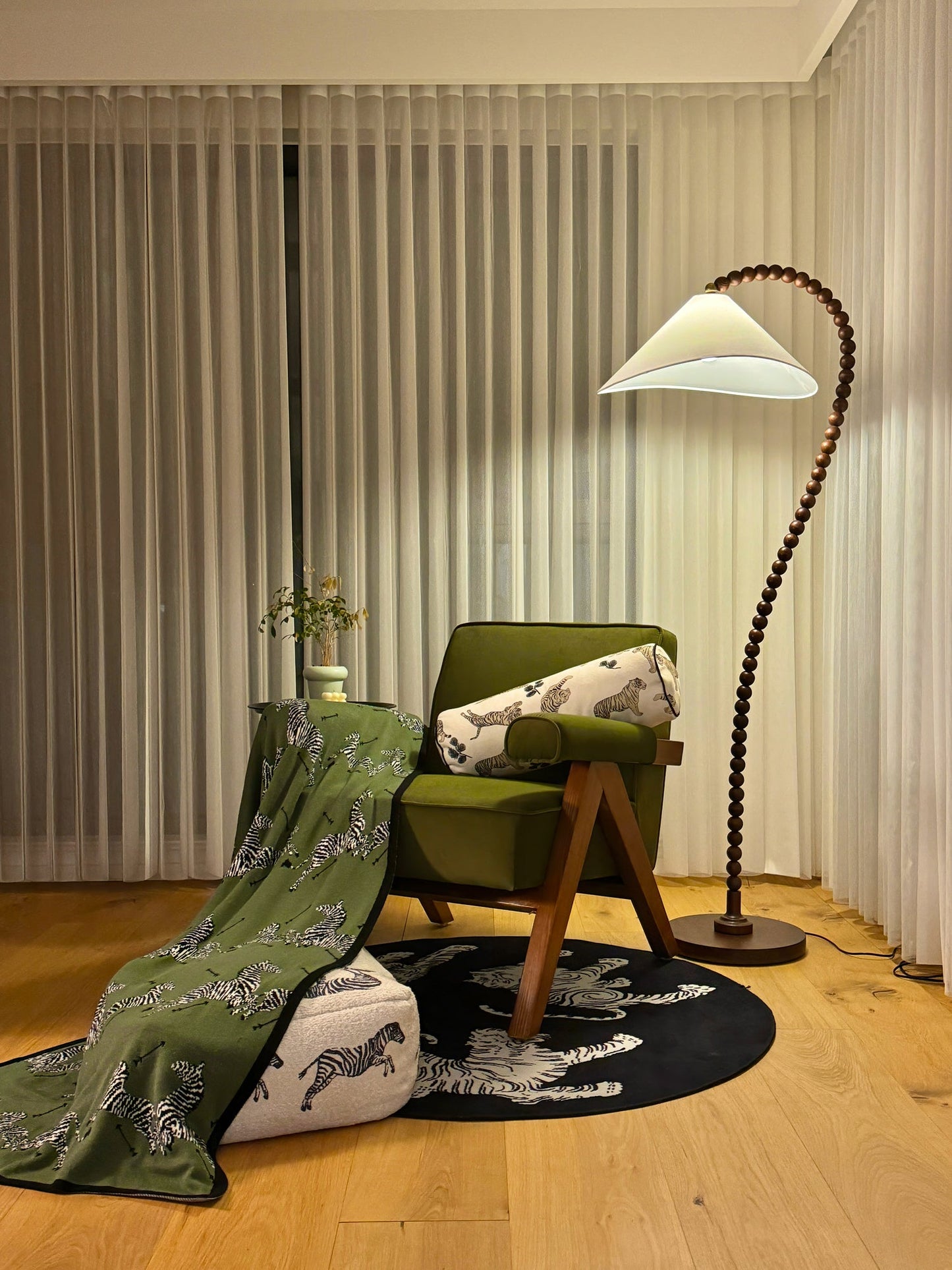 Wooden Bead Floor Lamp with LED Shade for Indoor Use