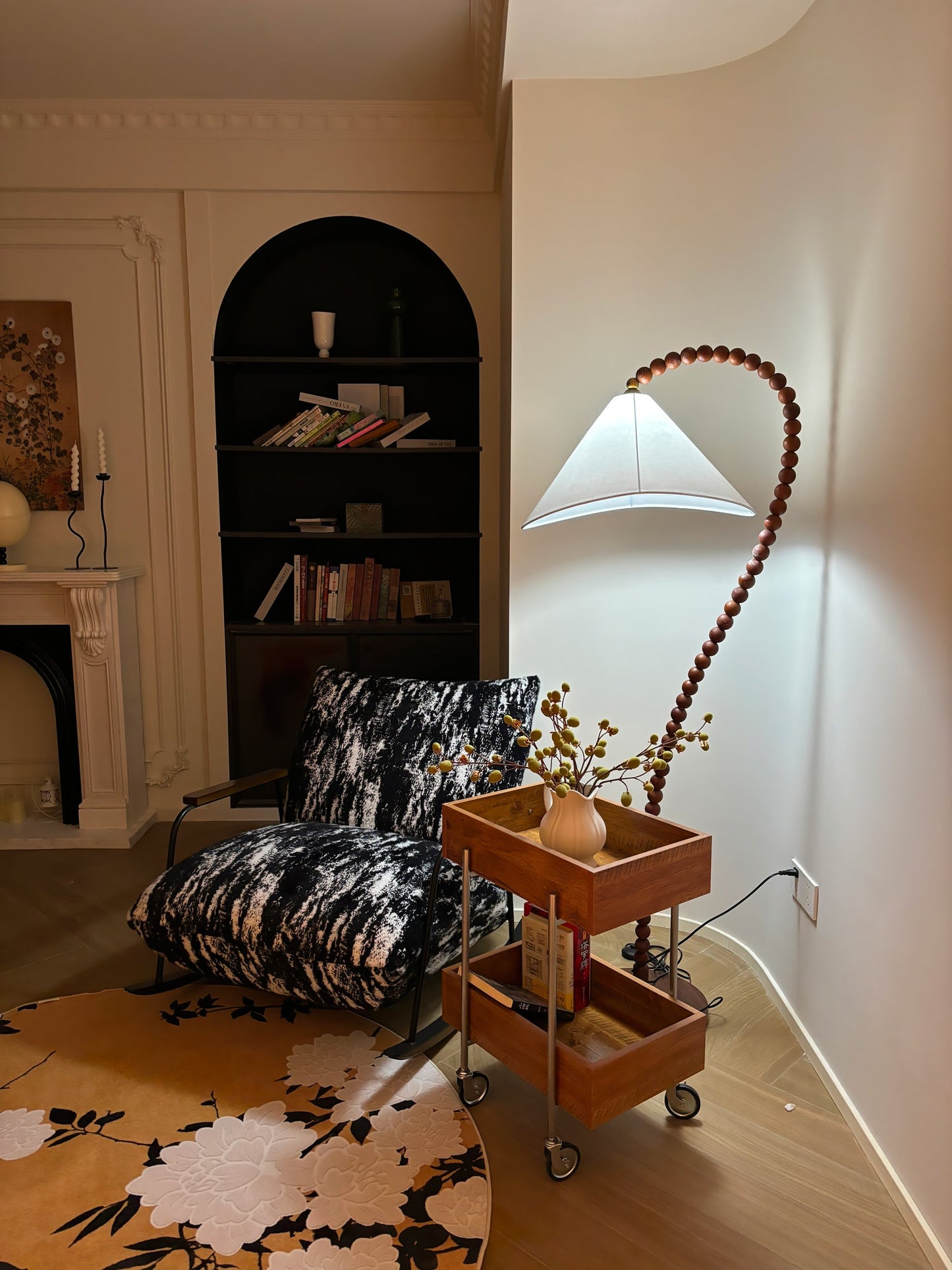Wooden Bead Floor Lamp with LED Shade for Indoor Use