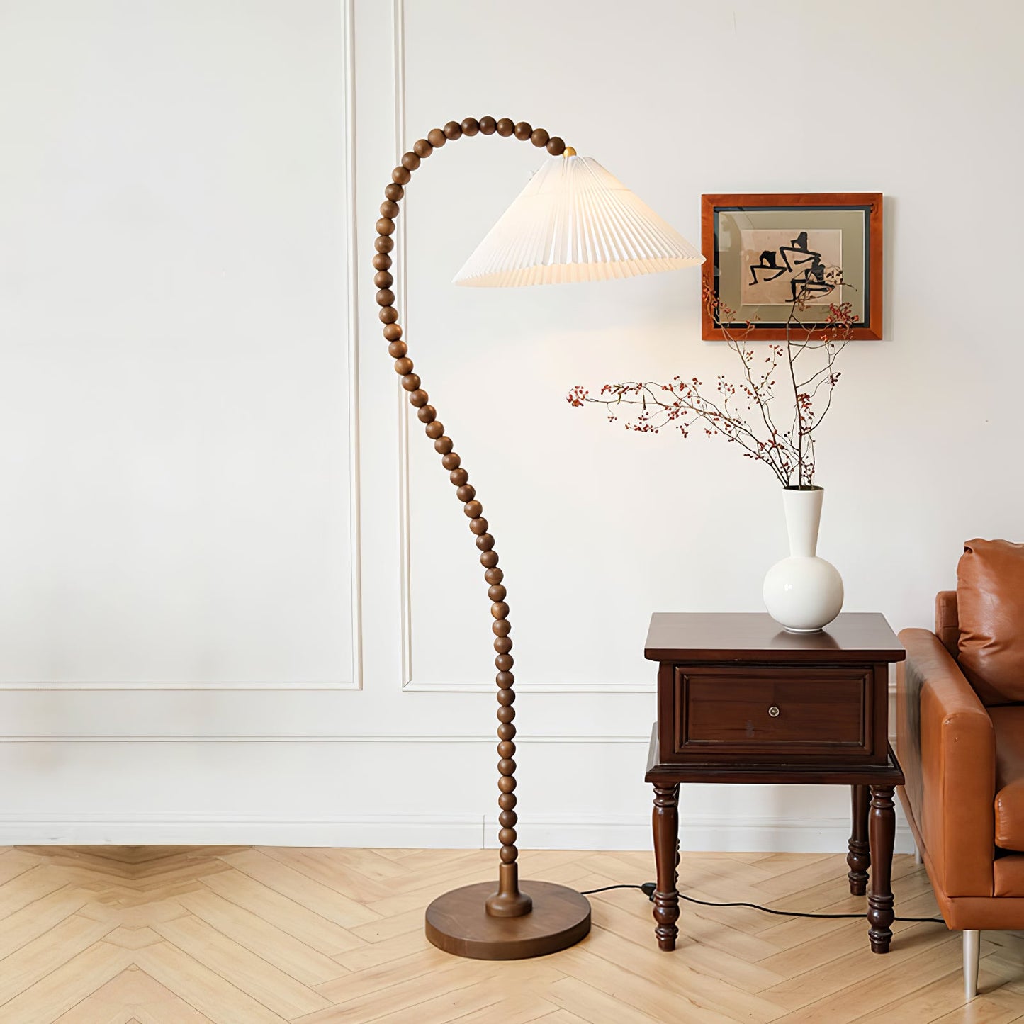 Wooden Bead Floor Lamp with LED Shade for Indoor Use