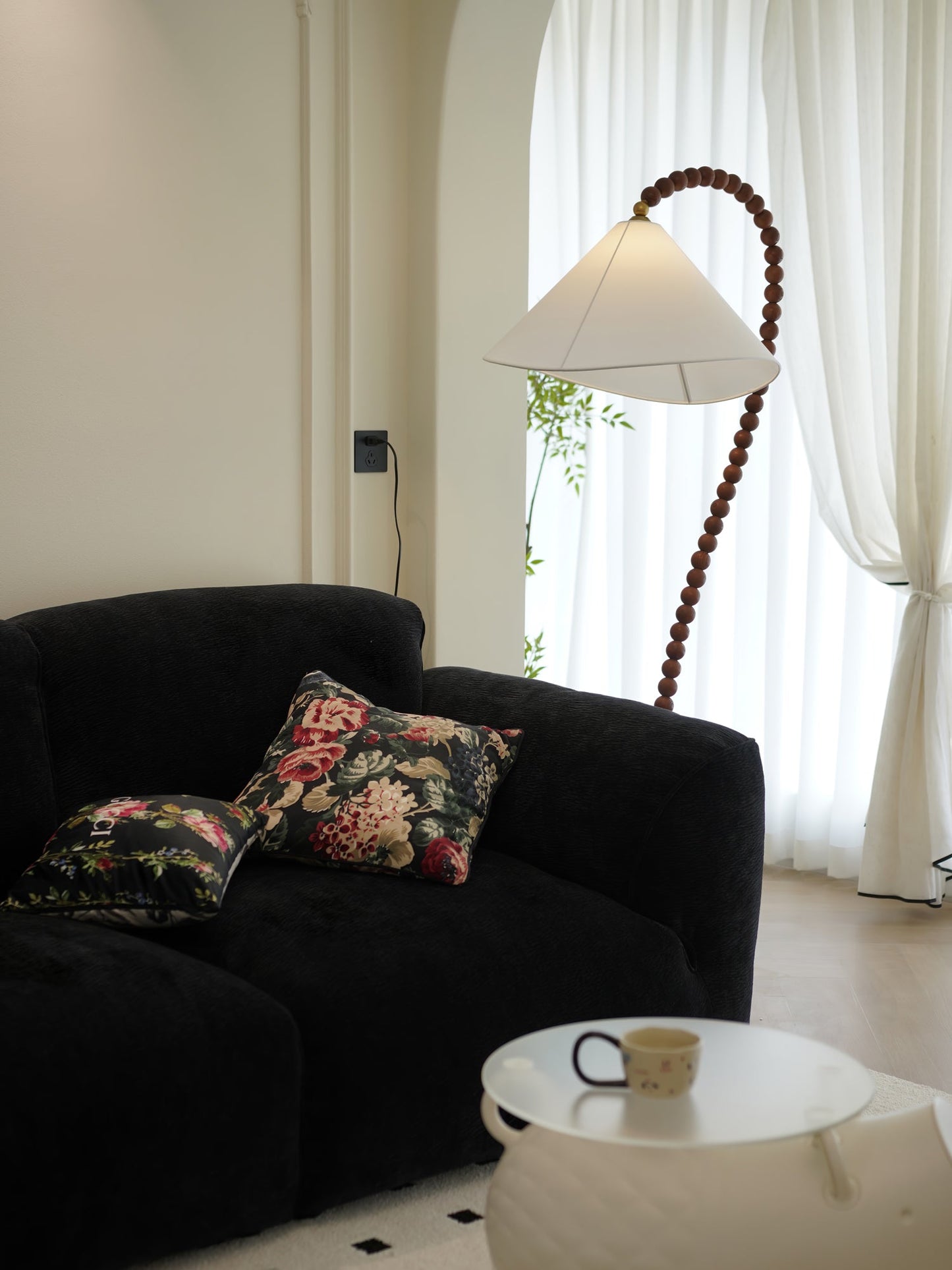 Wooden Bead Floor Lamp with LED Shade for Indoor Use