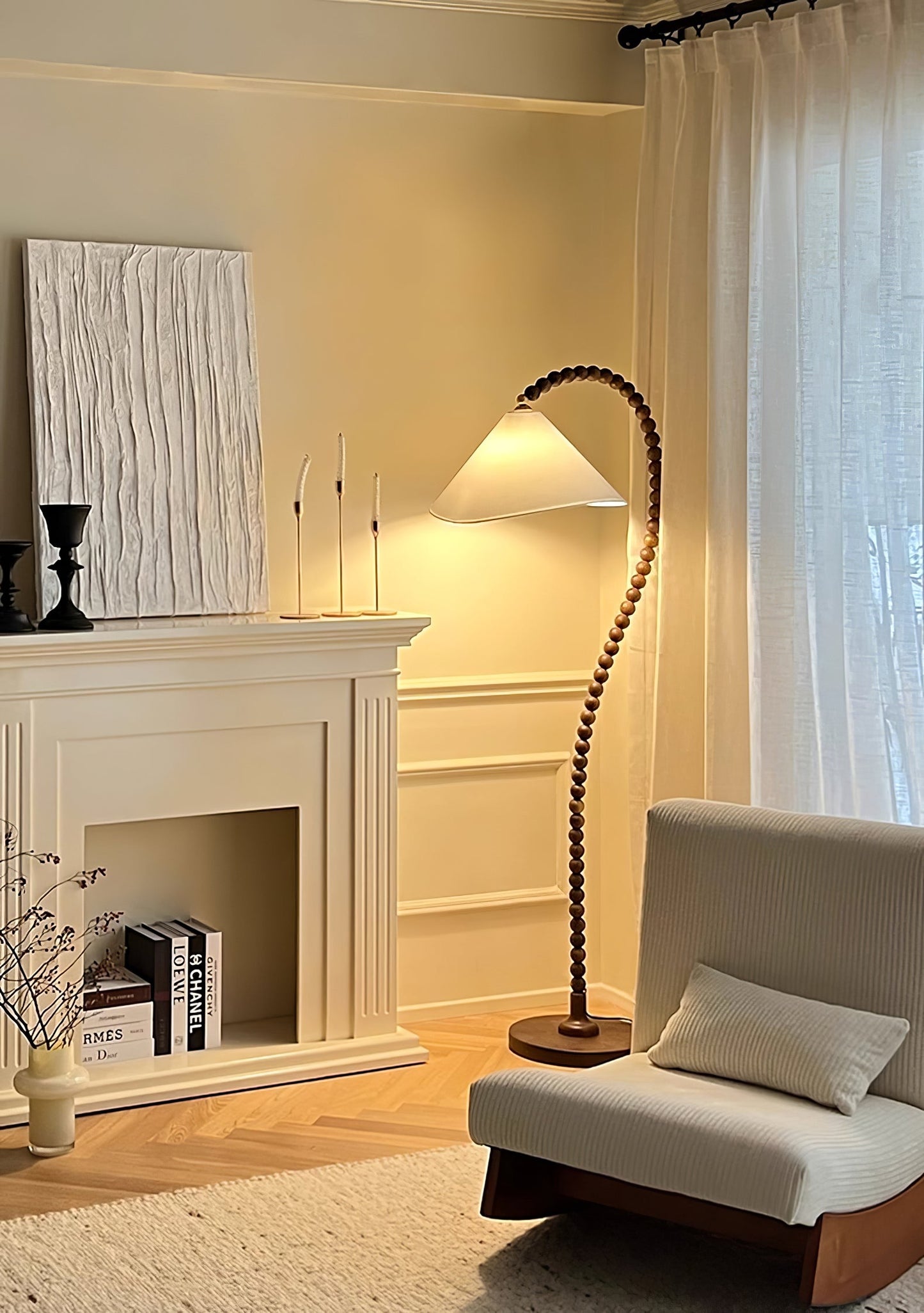 Wooden Bead Floor Lamp with LED Shade for Indoor Use