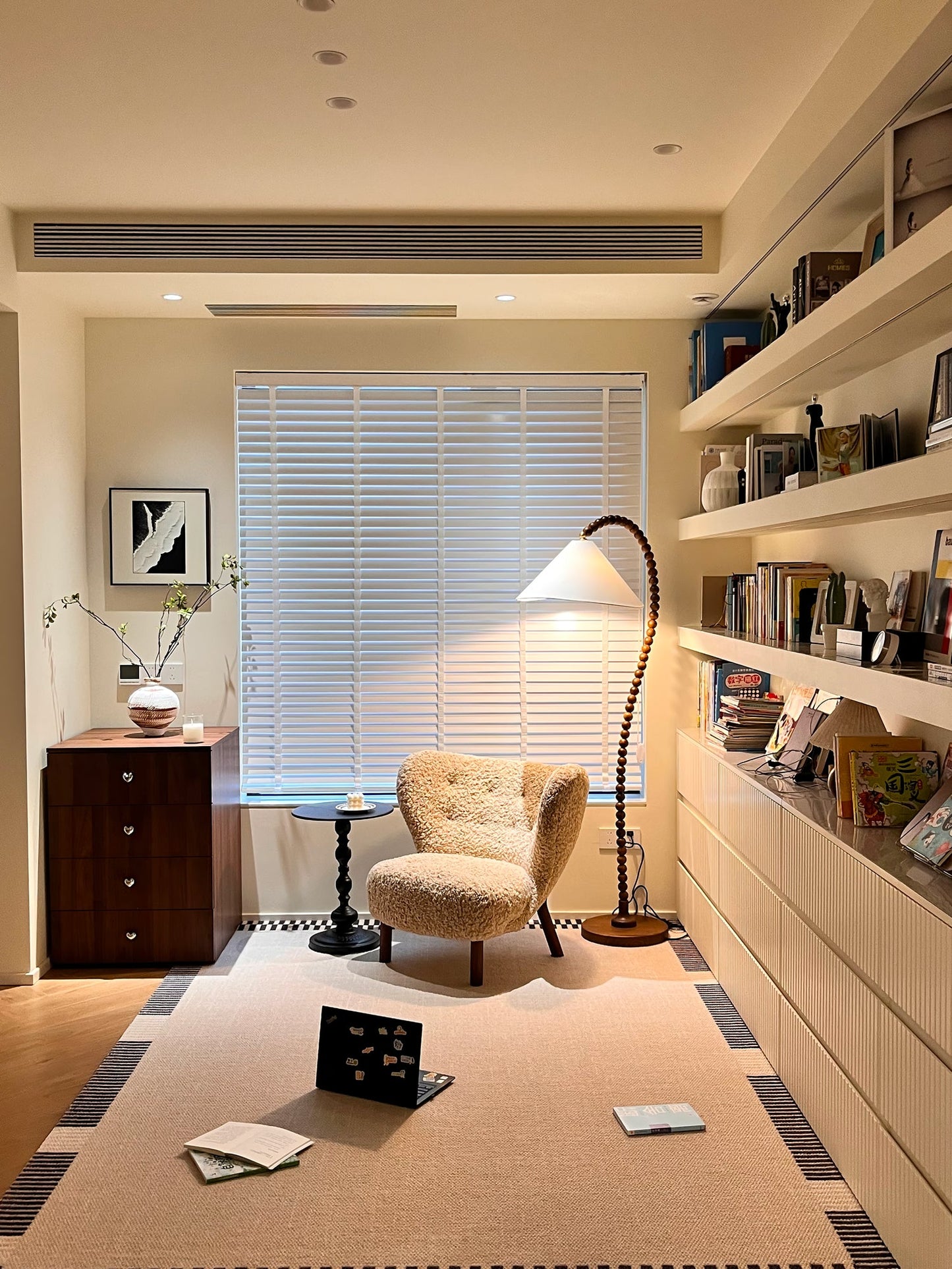 Wooden Bead Floor Lamp with LED Shade for Indoor Use