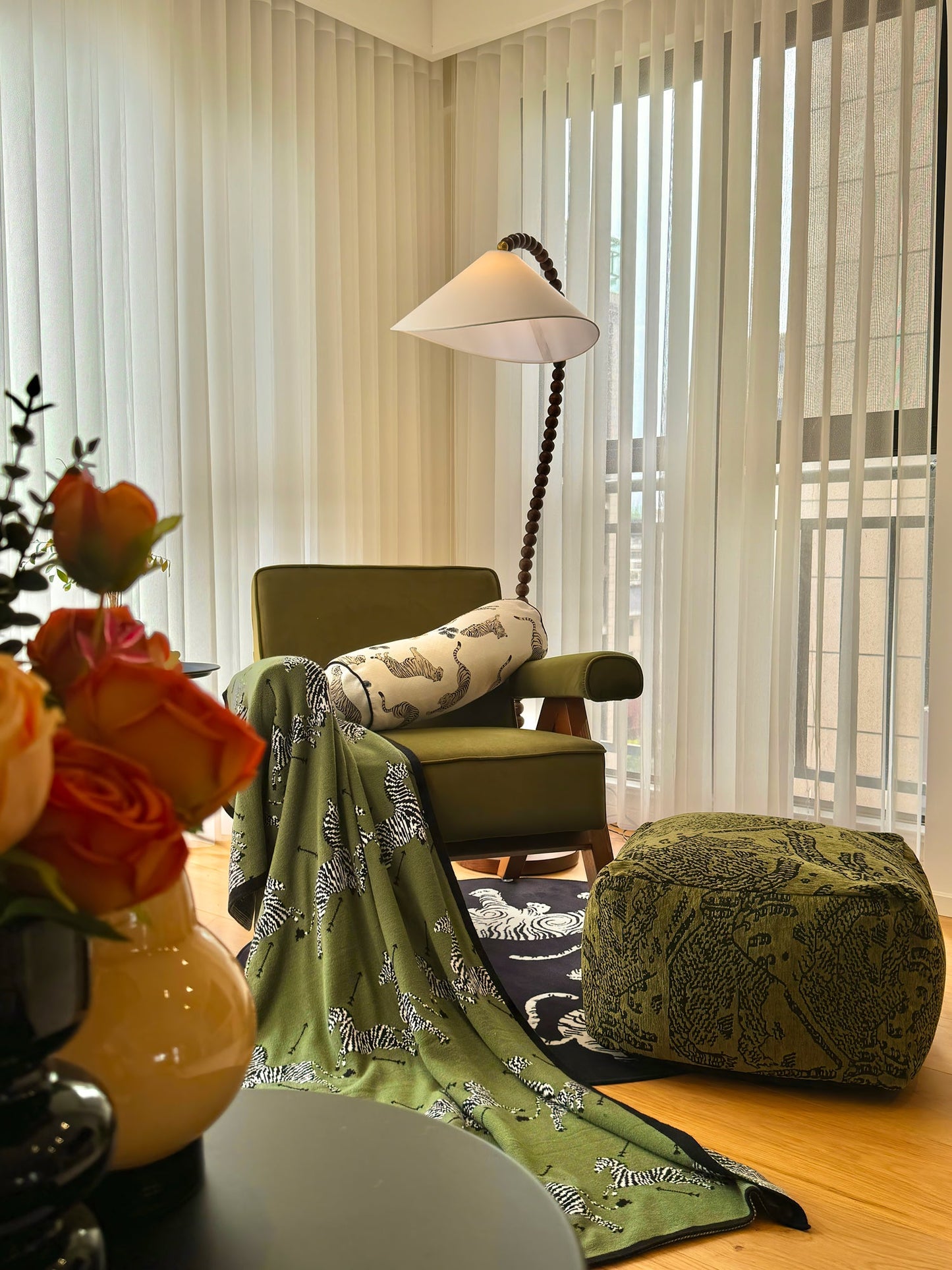 Wooden Bead Floor Lamp with LED Shade for Indoor Use
