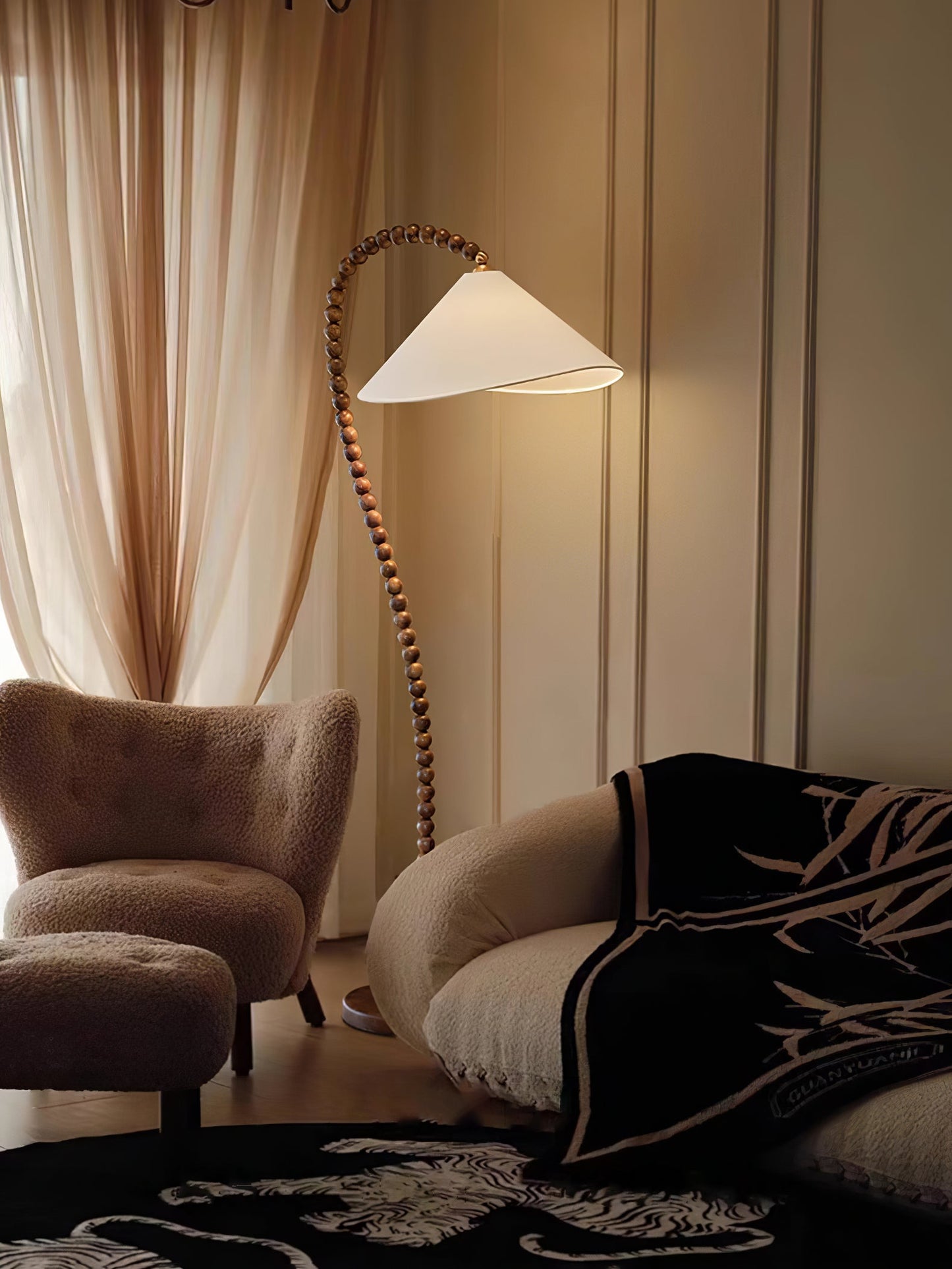 Wooden Bead Floor Lamp with LED Shade for Indoor Use
