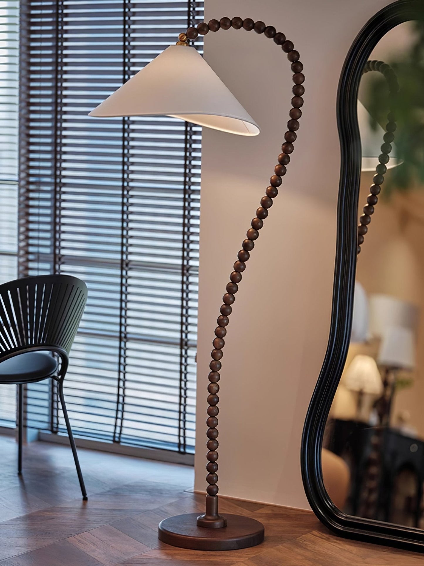Wooden Bead Floor Lamp with LED Shade for Indoor Use