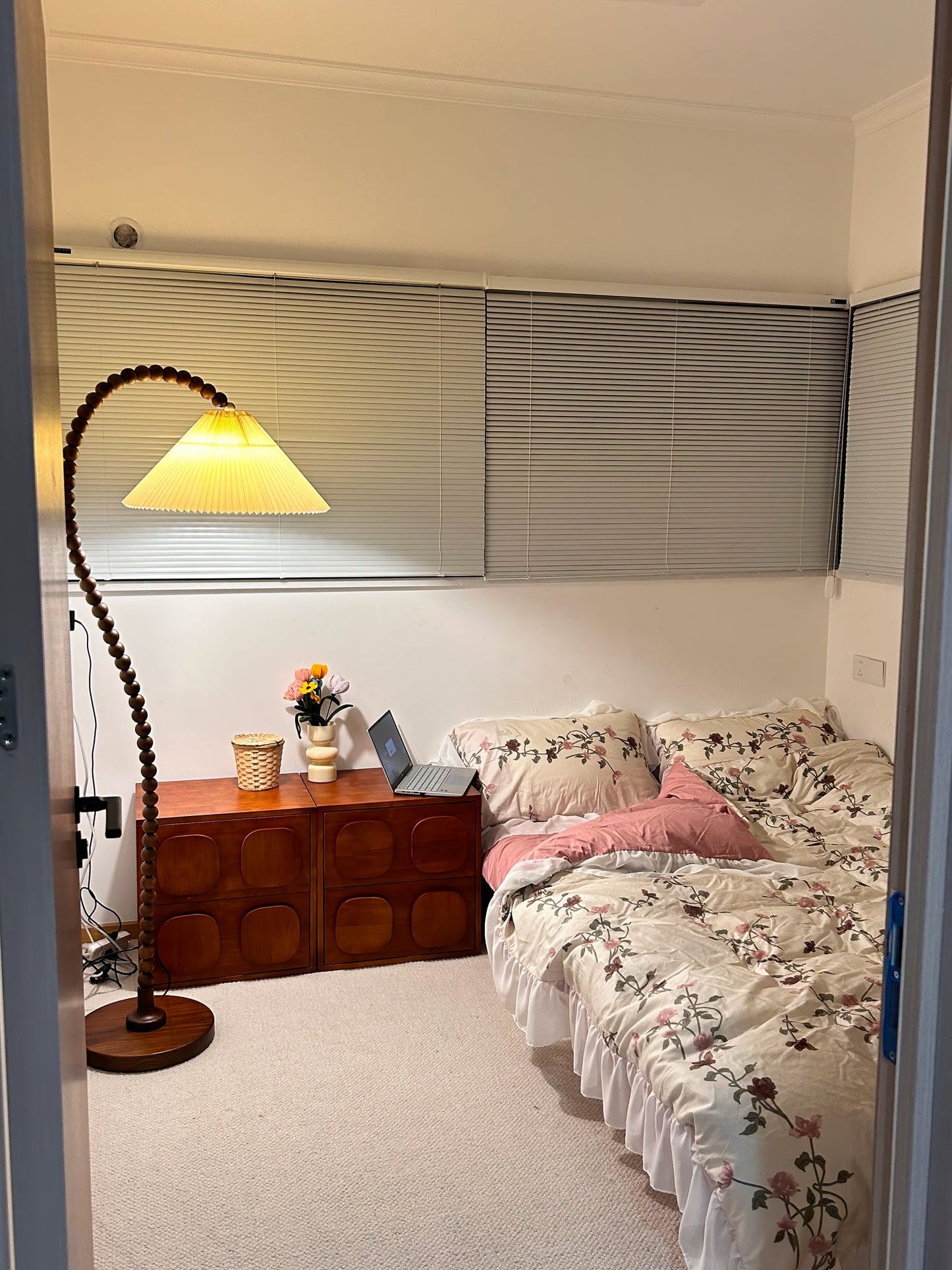 Wooden Bead Floor Lamp with LED Shade for Indoor Use