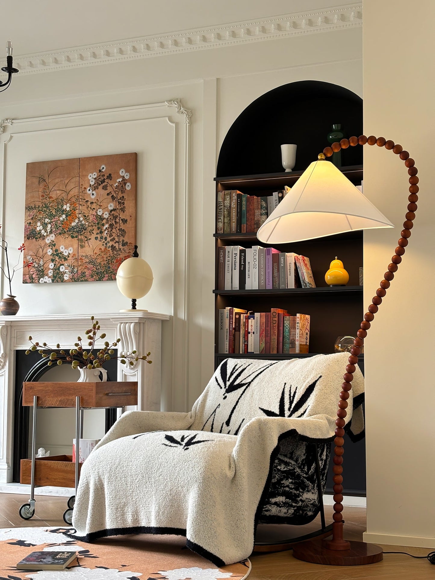 Wooden Bead Floor Lamp with LED Shade for Indoor Use