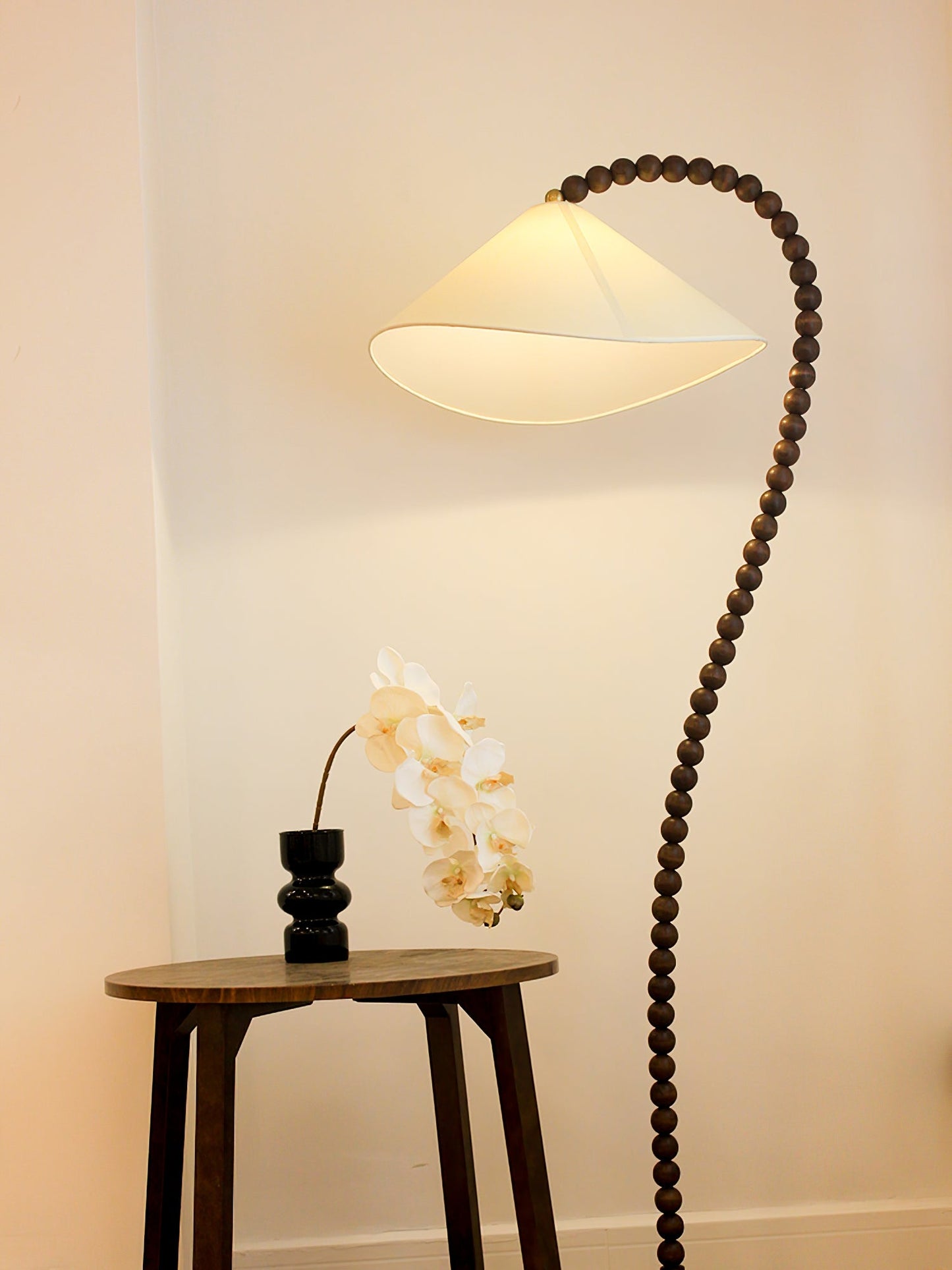 Wooden Bead Floor Lamp with LED Shade for Indoor Use